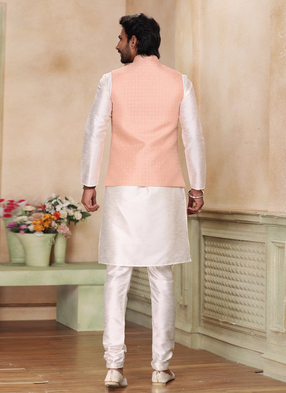 Kurta Payjama With Jacket Jacquard Silk Cream Peach Fancy Work Mens