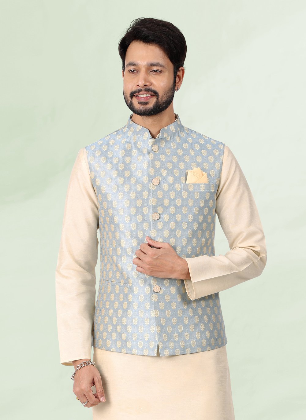 Kurta Payjama With Jacket Banarasi Silk Jacquard Cream Grey Jacquard Work Mens