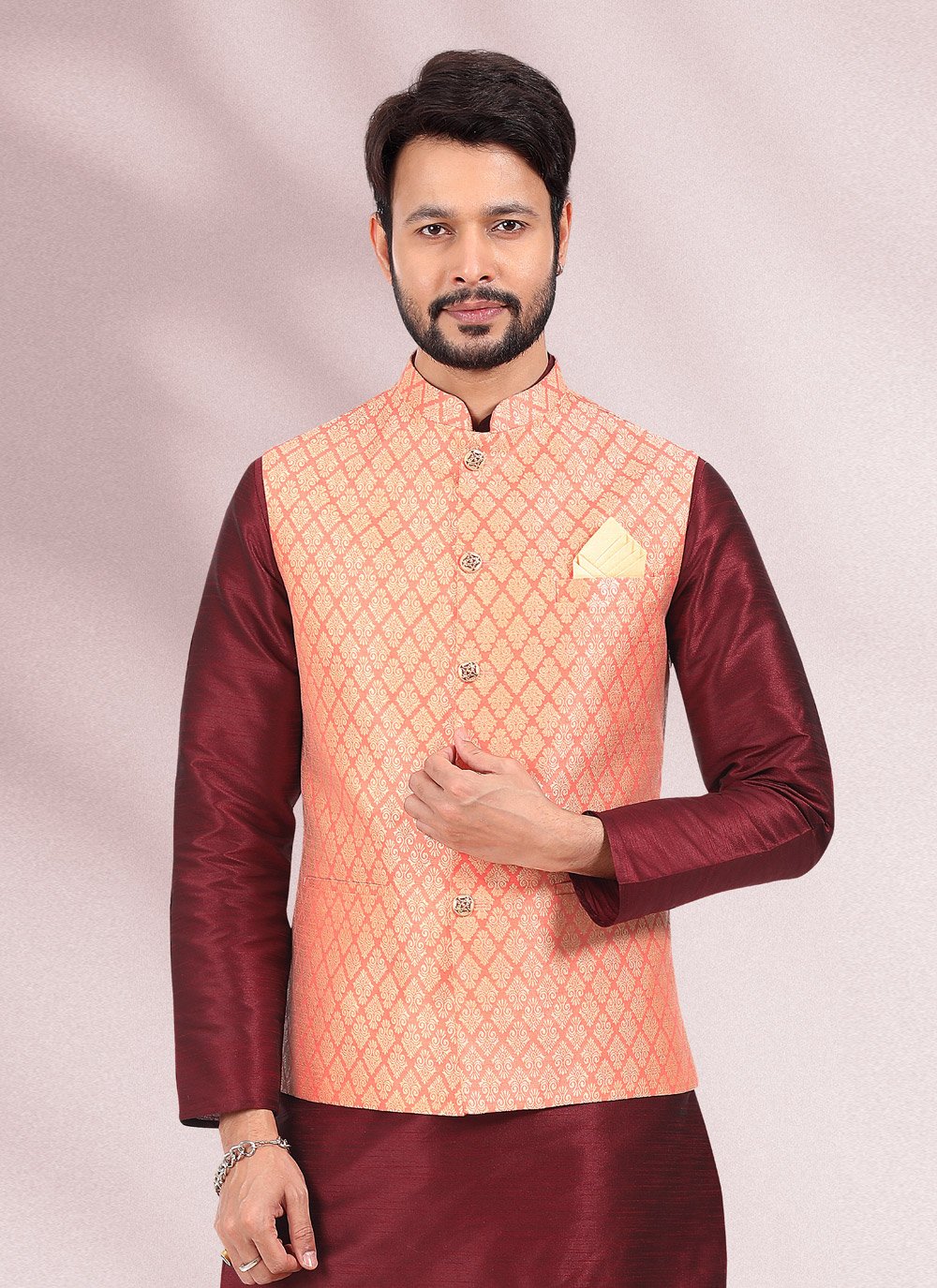 Kurta Payjama With Jacket Banarasi Silk Jacquard Maroon Peach Jacquard Work Mens