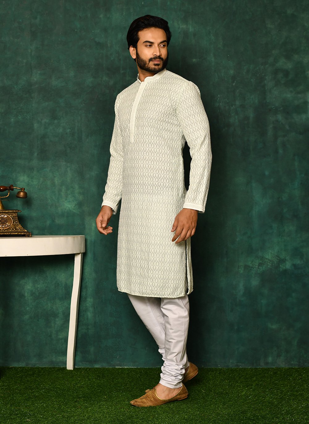 Kurta Pyjama Cotton Sea Green Chikankari Work Mens