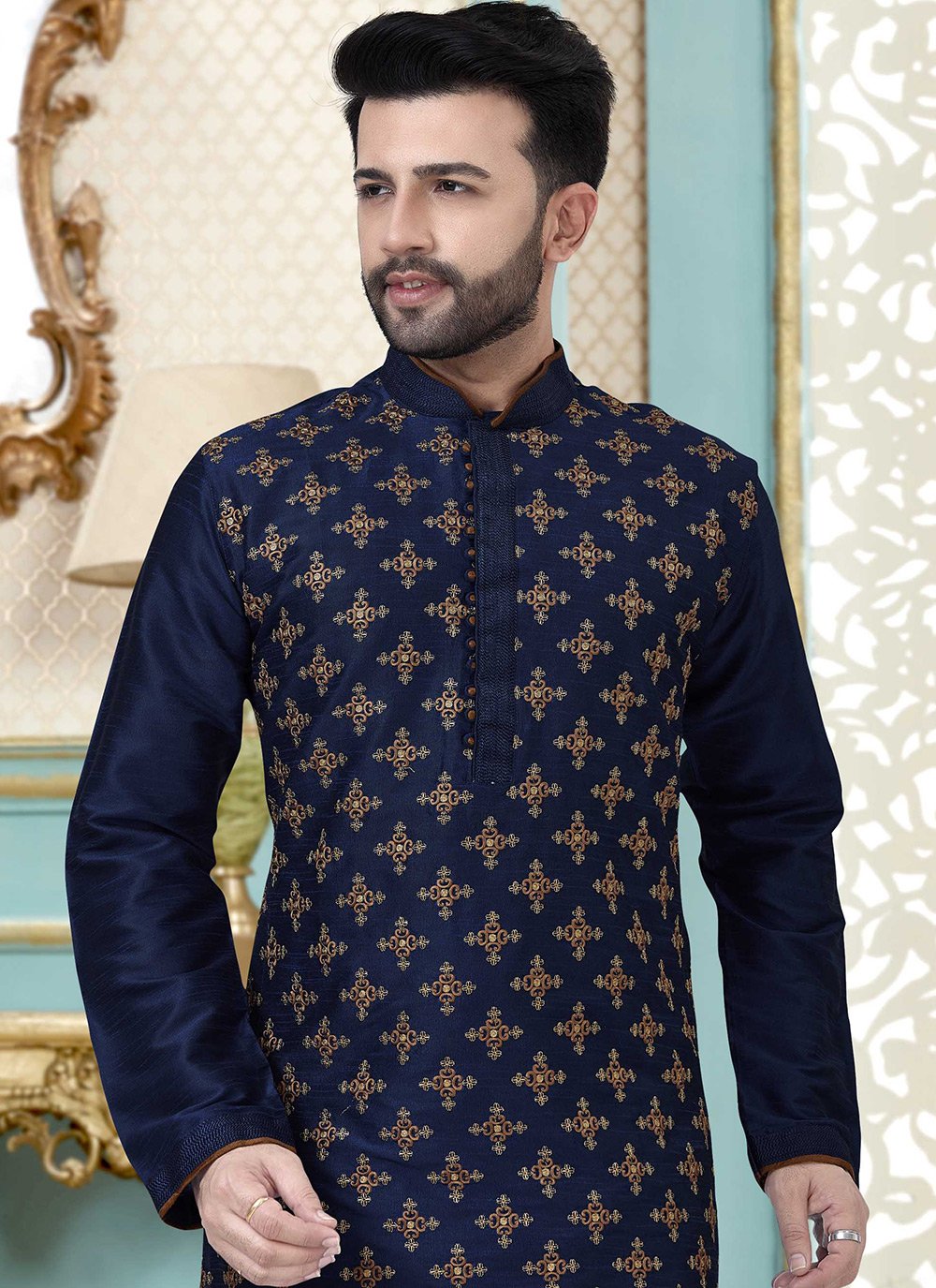 Kurta Pyjama Dupion Silk Blue Embroidered Mens