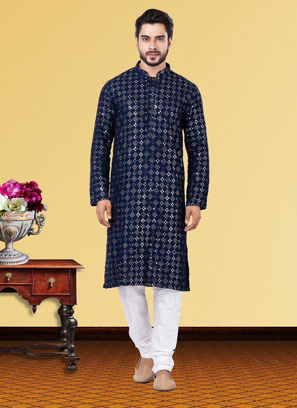 Kurta Pyjama Georgette Blue Embroidered Mens