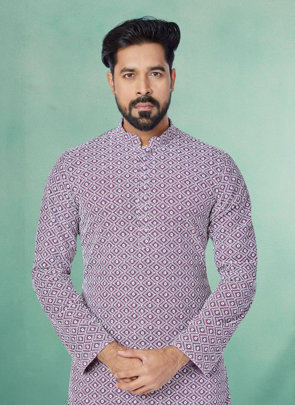 Kurta Pyjama Georgette Purple Embroidered Mens
