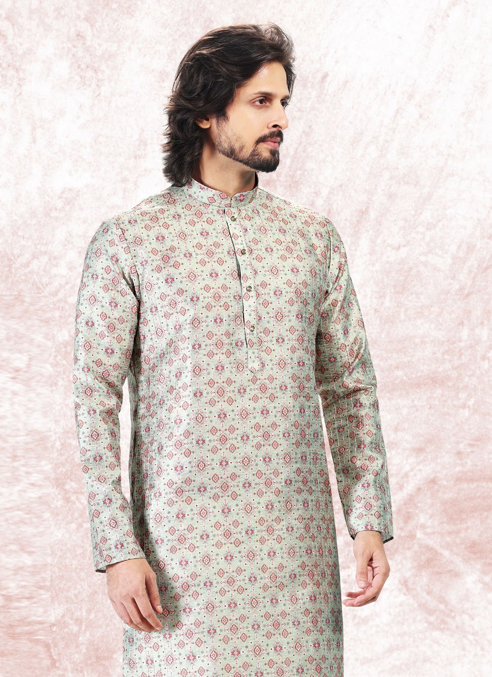 Kurta Pyjama Banarasi Jacquard Green Fancy Work Mens