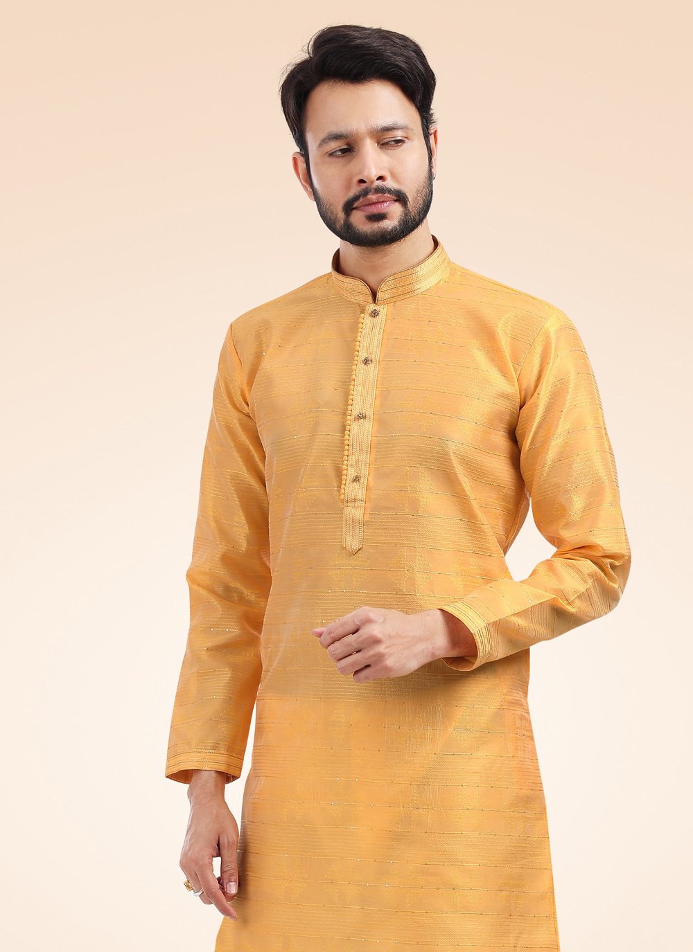 Kurta Pyjama Banarasi Jacquard Orange Fancy Work Mens