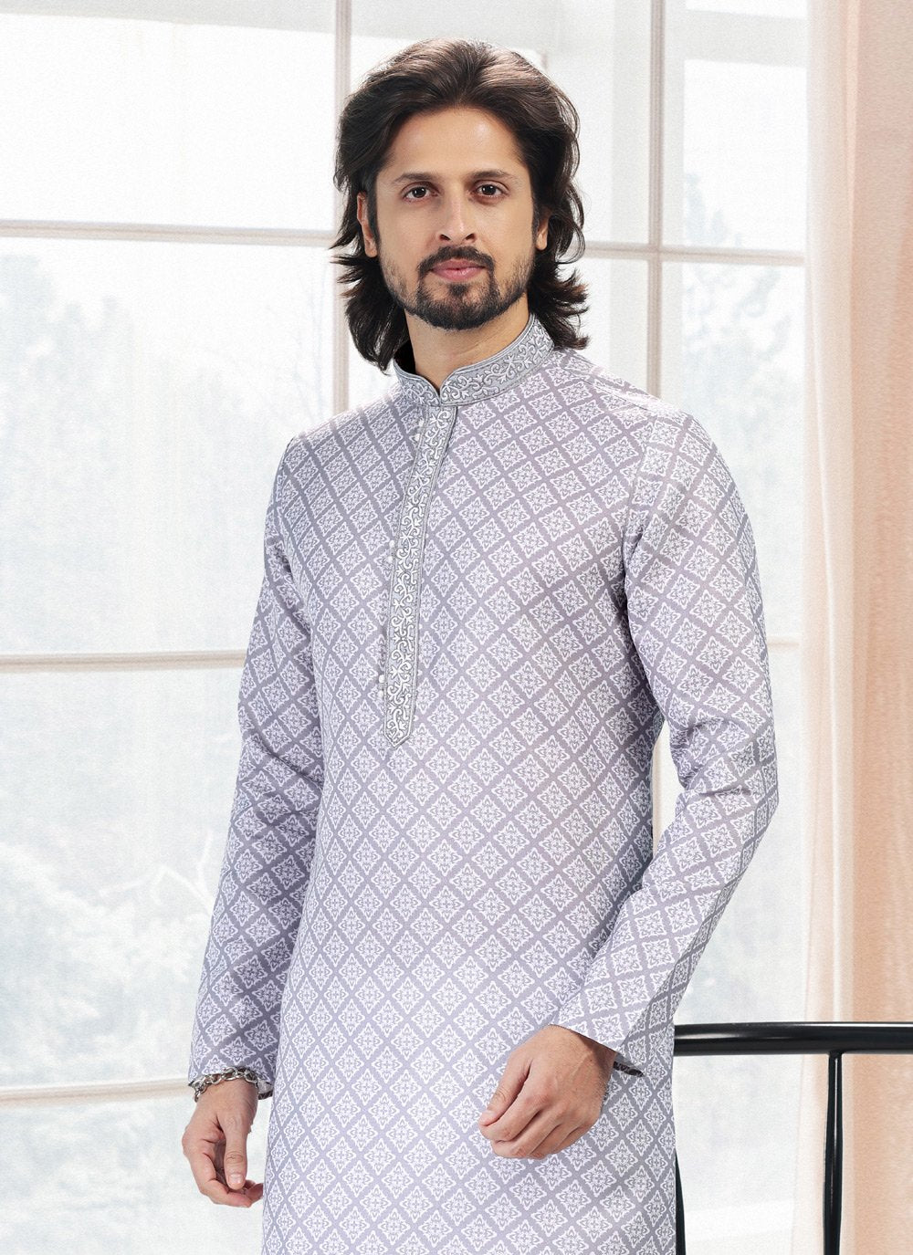 Kurta Pyjama Cotton Grey Fancy Work Mens