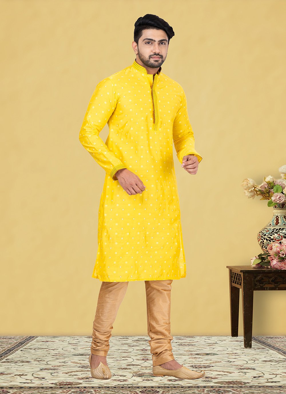 Kurta Pyjama Cotton Mustard Fancy Work Mens