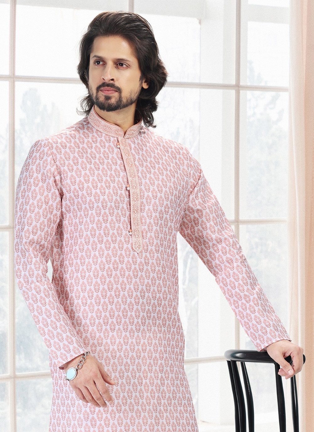 Kurta Pyjama Cotton Off White Pink Fancy Work Mens