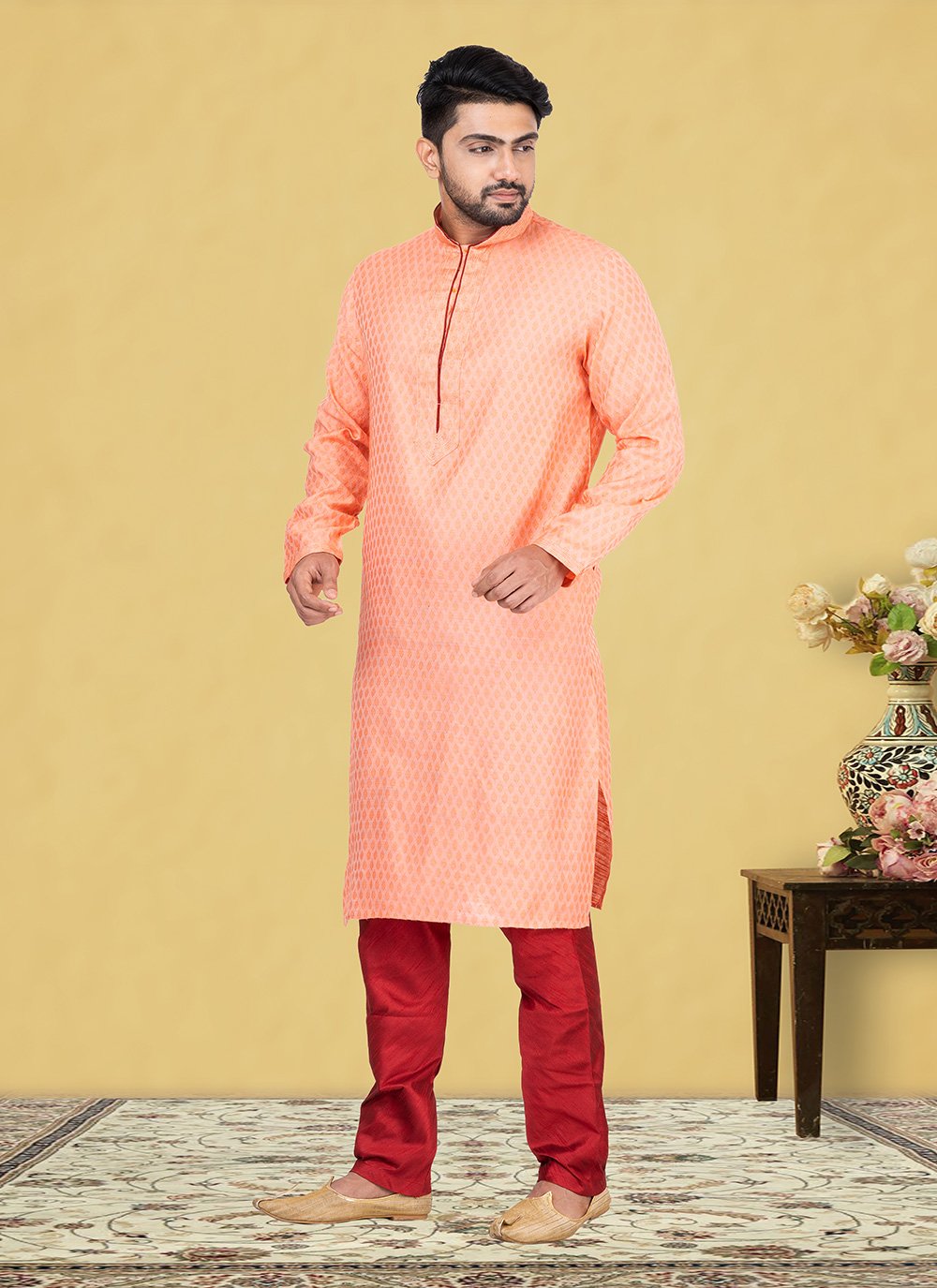 Kurta Pyjama Jamawar Silk Peach Fancy Work Mens