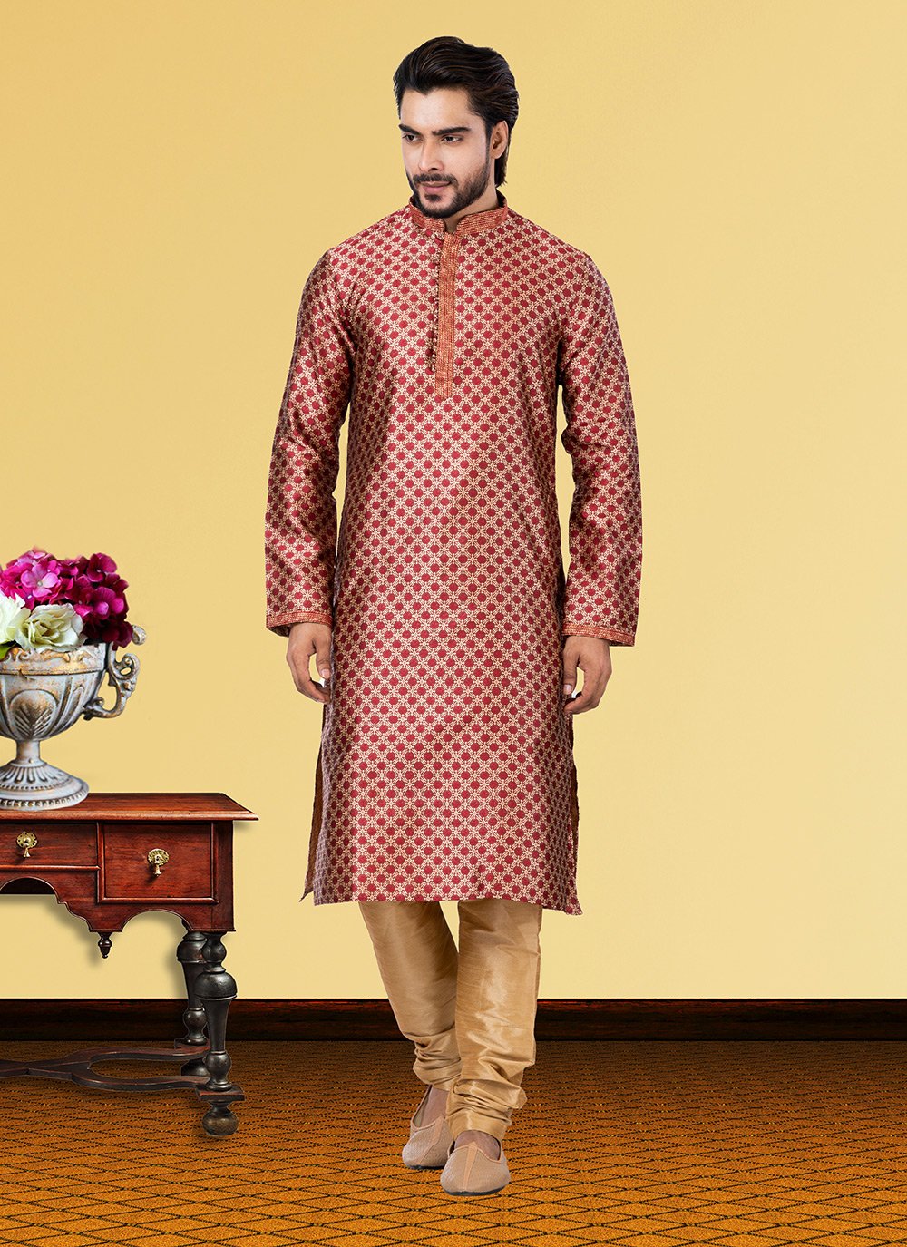 Kurta Pyjama Jacquard Maroon Jacquard Work Mens