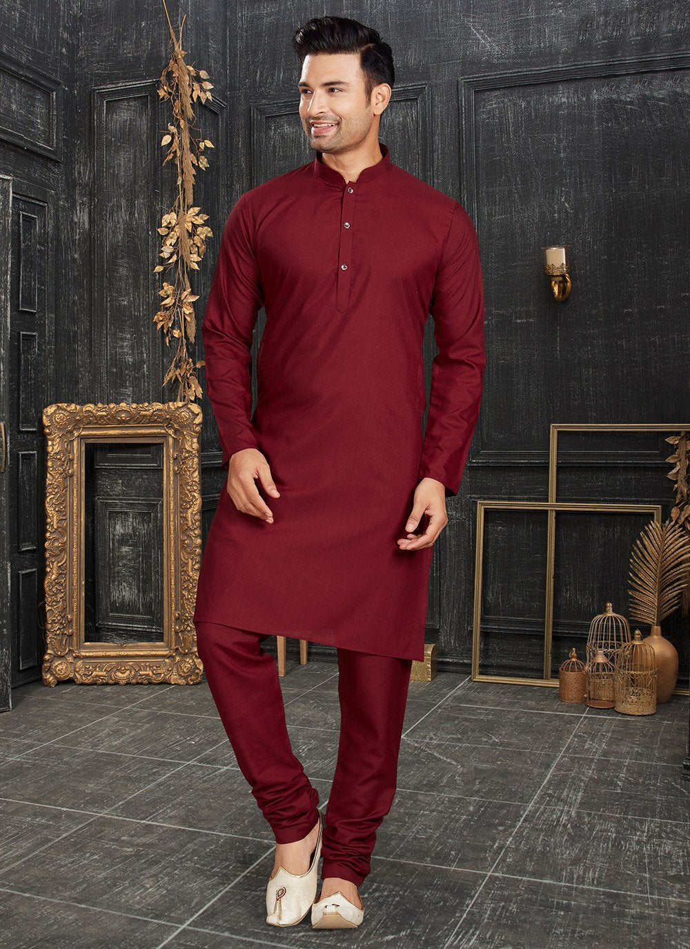 Kurta Pyjama Cotton Maroon Plain Mens