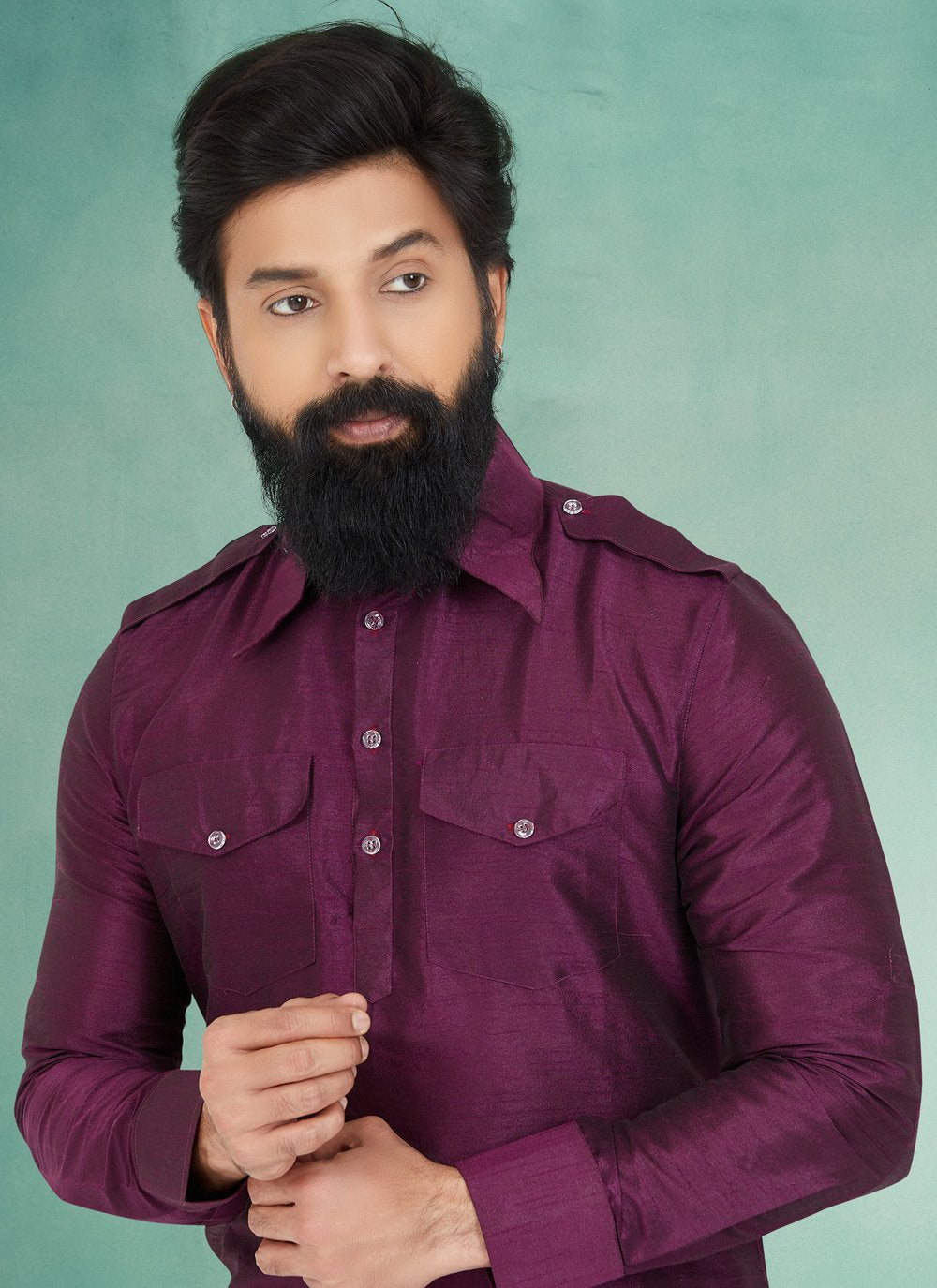 Kurta Pyjama Dupion Silk Purple Plain Mens