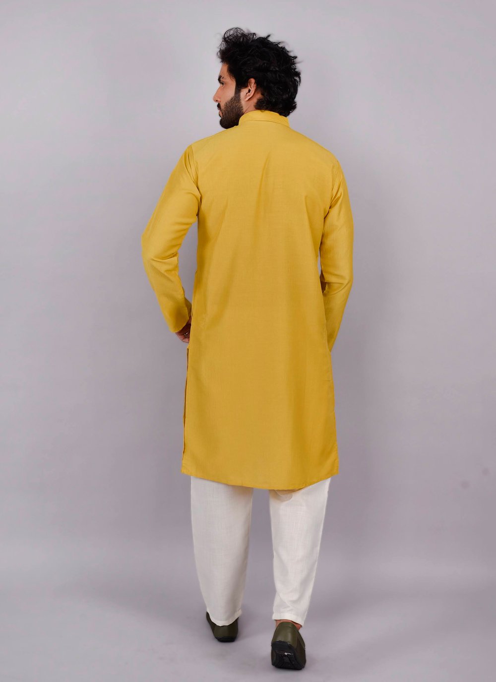Kurta Pyjama Chinon Silk Yellow Plain Mens