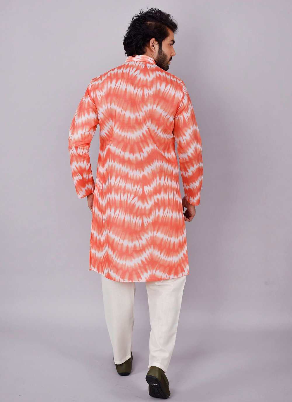 Kurta Pyjama Blended Cotton Orange Print Mens