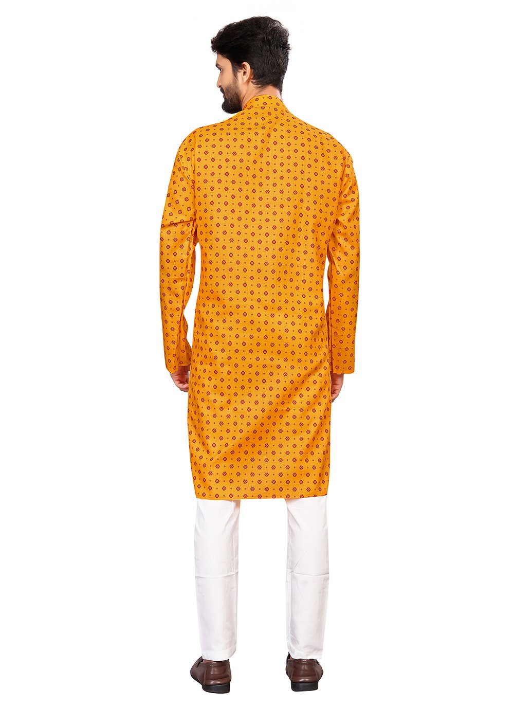 Kurta Pyjama Cotton Yellow Print Mens