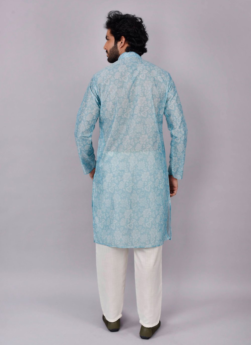 Kurta Pyjama Silk Blue Print Mens