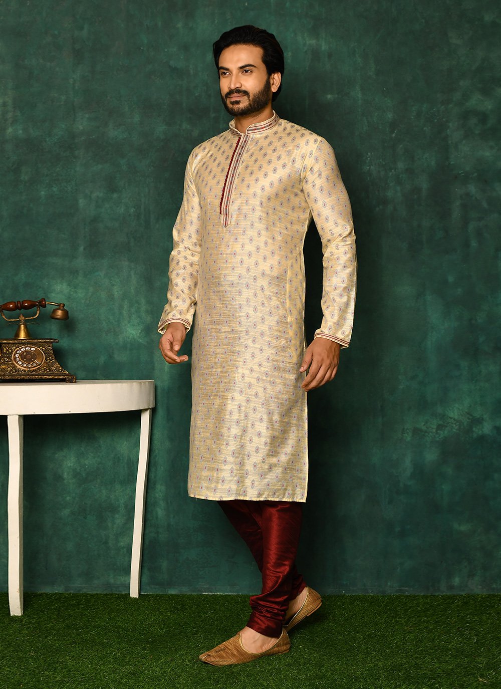 Kurta Pyjama Art Silk Cream Woven Mens