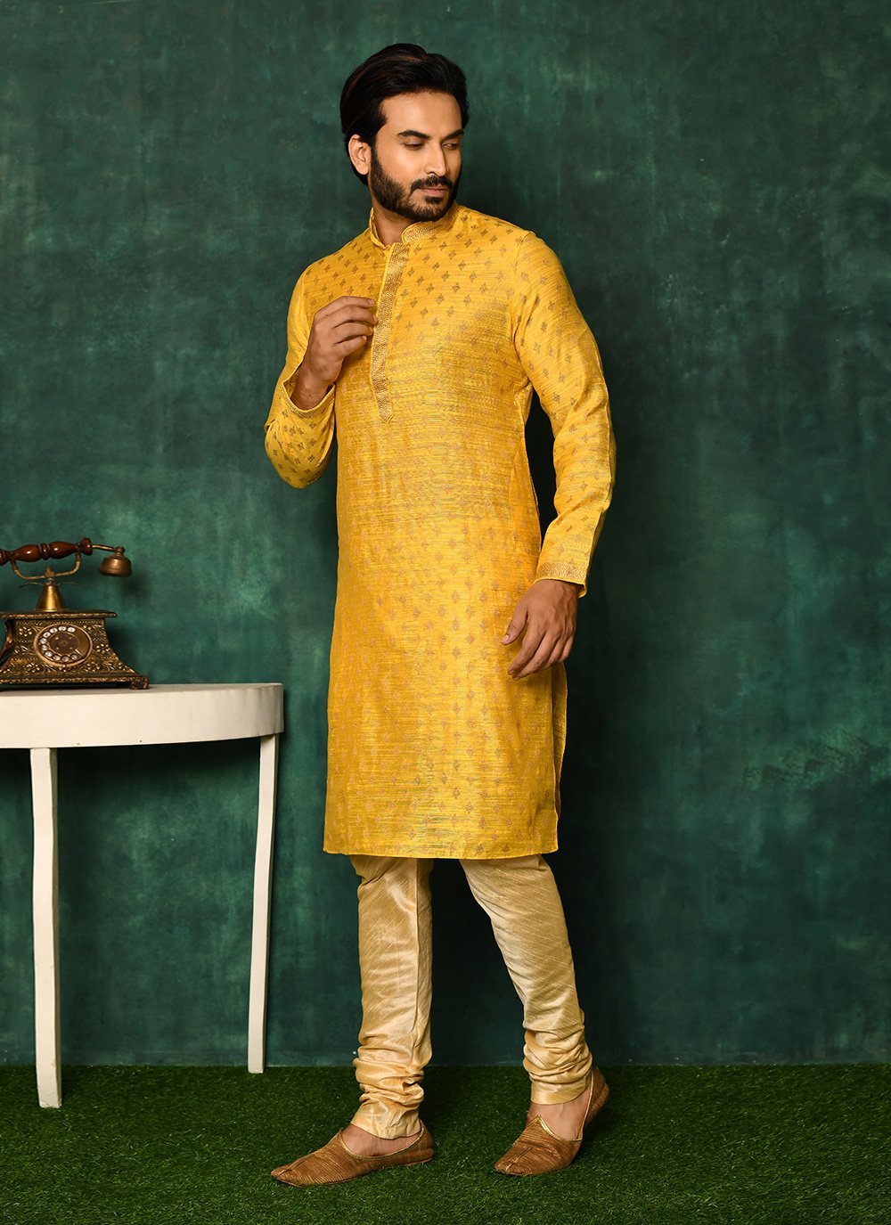 Kurta Pyjama Art Silk Yellow Woven Mens