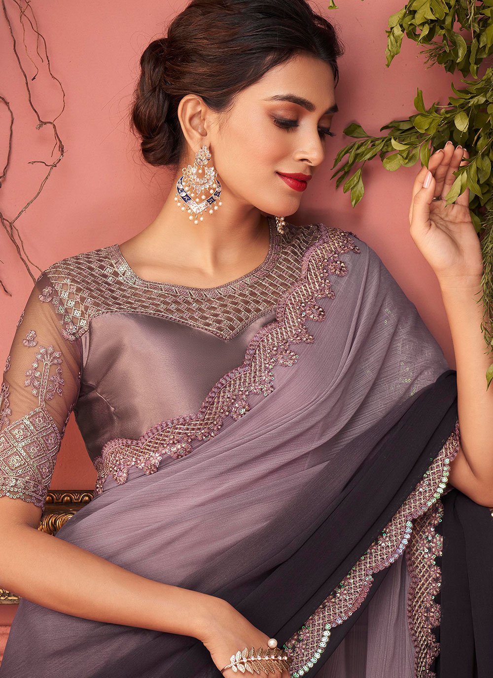 Designer Chiffon Purple Lace Saree