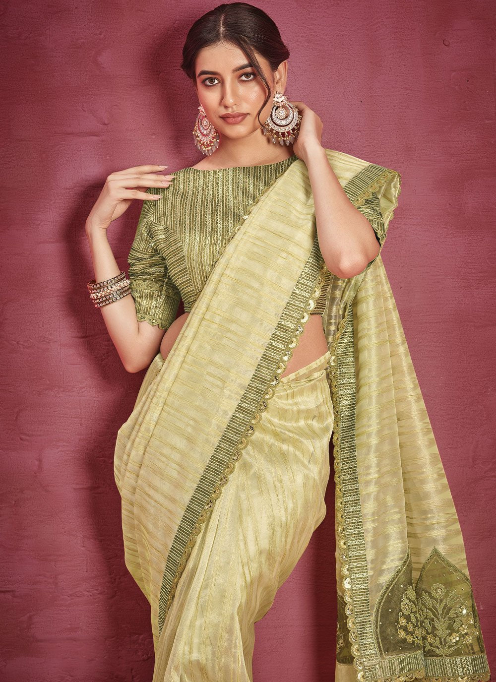 Classic Jacquard Organza Green Lace Saree