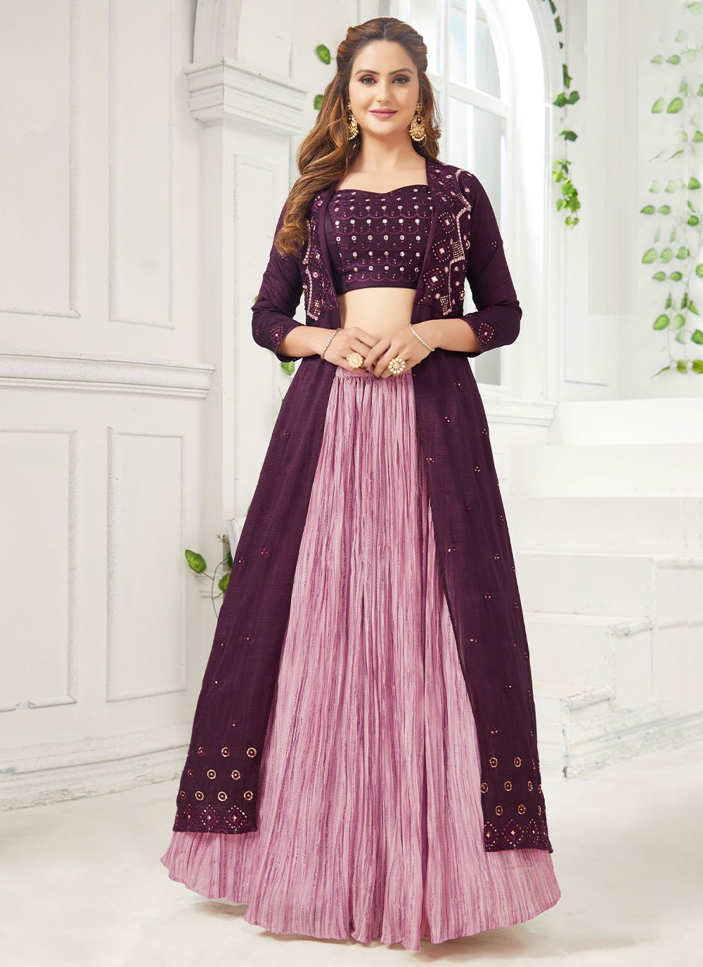 A Line Lehenga Georgette Lavender Purple Embroidered Lehenga Choli