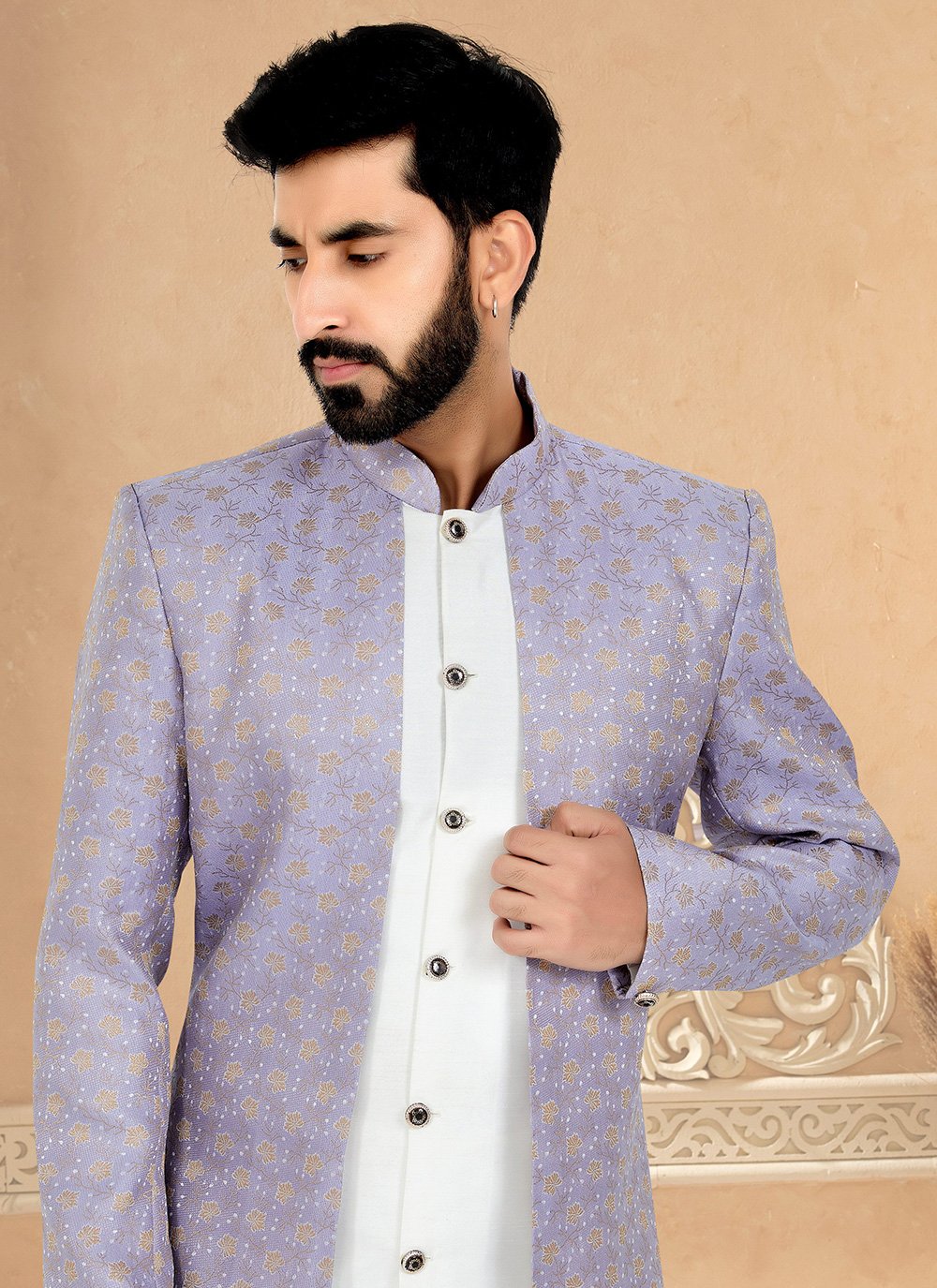 Indo Western Banarasi Silk Jacquard Silk Lavender White Embroidered Mens