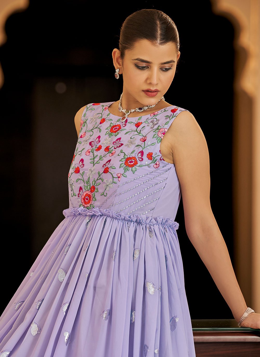 Gown Georgette Lavender Embroidered Gown