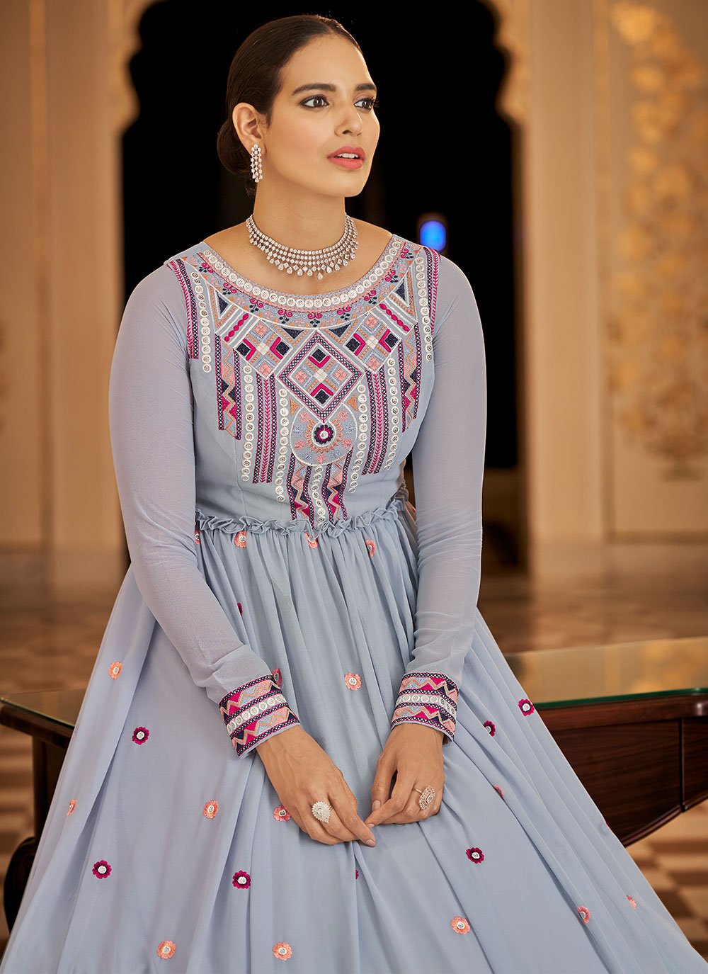Designer Gown Georgette Lavender Embroidered Gown