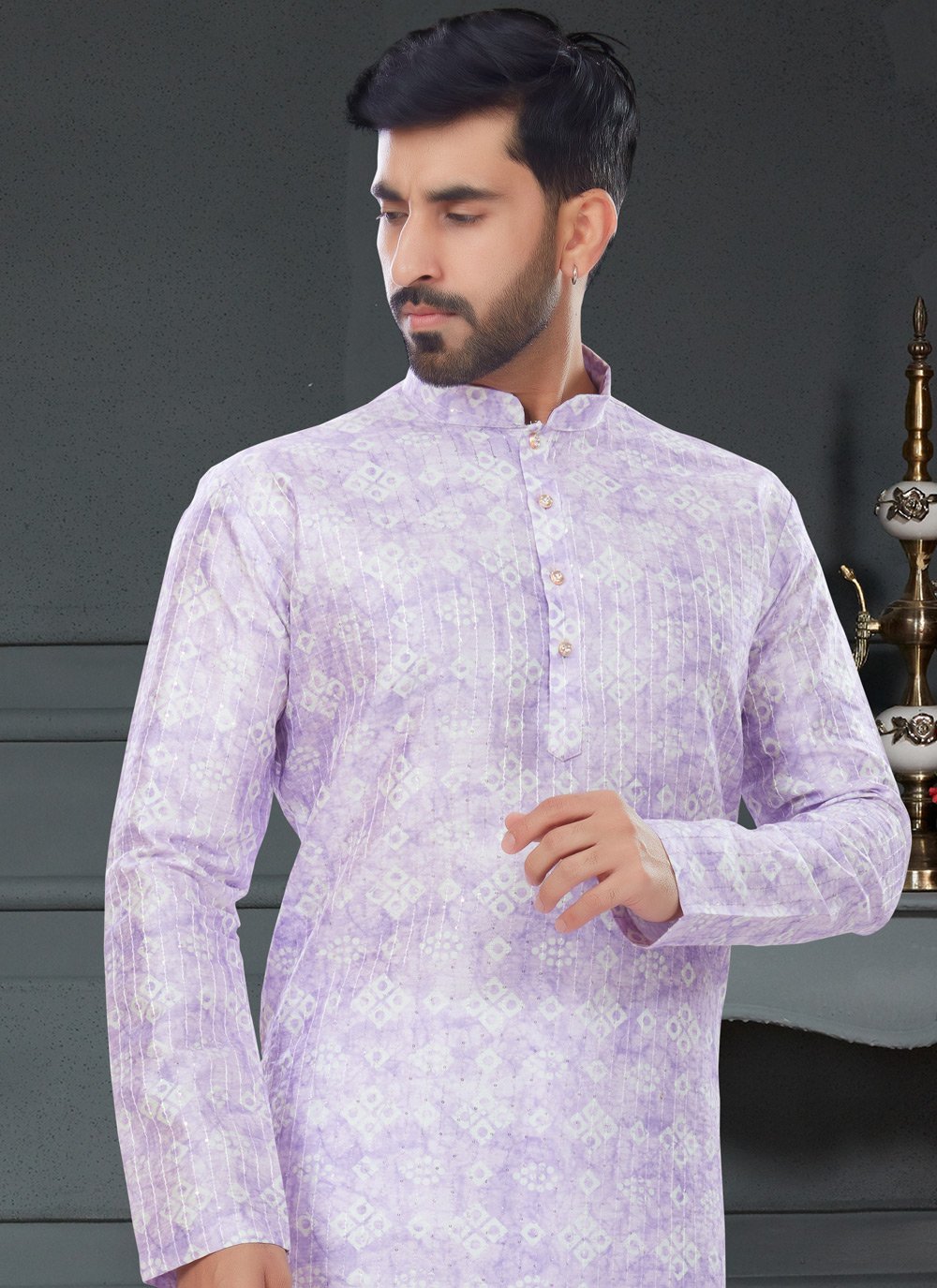 Kurta Pyjama Silk Lavender Digital Print Mens