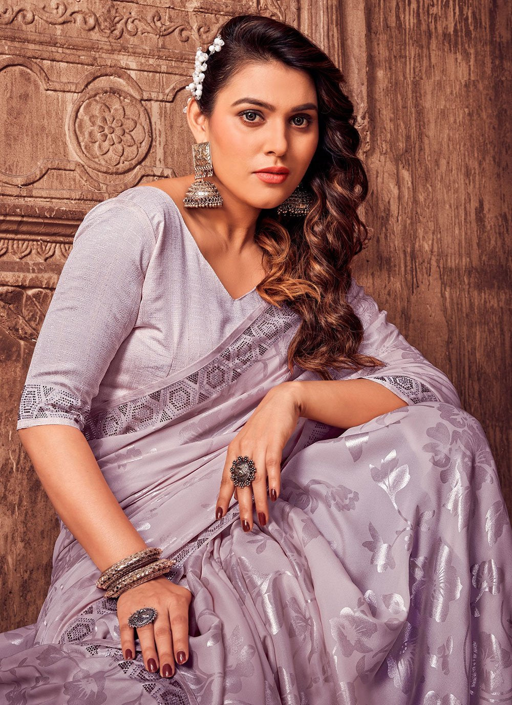 Classic Satin Silk Lavender Foil Print Saree