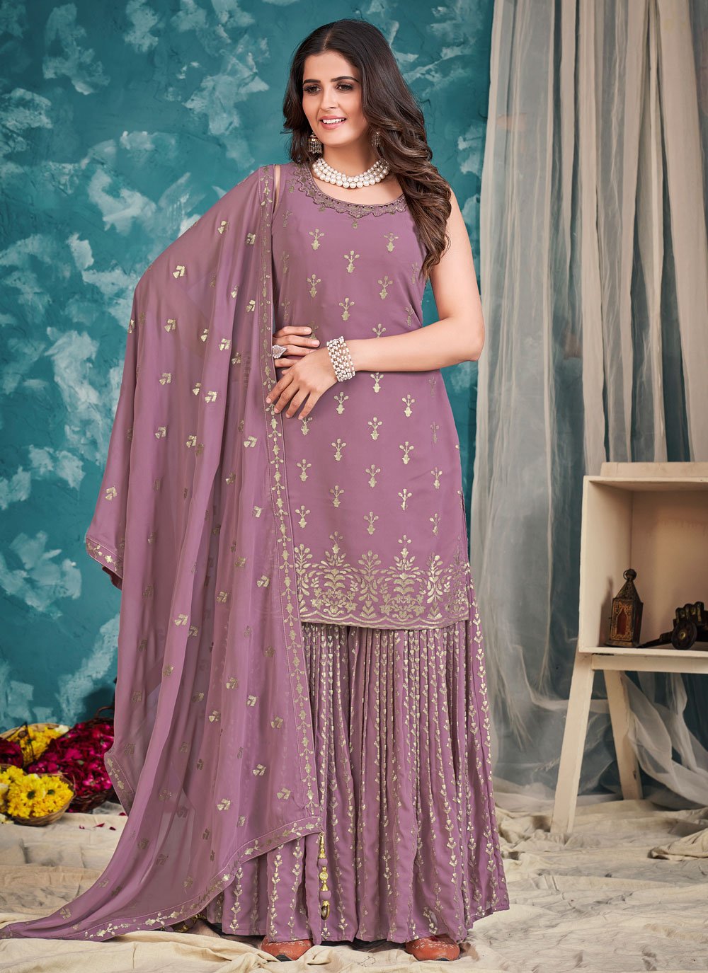 Palazzo Salwar Suit Georgette Lavender Sequins Salwar Kameez