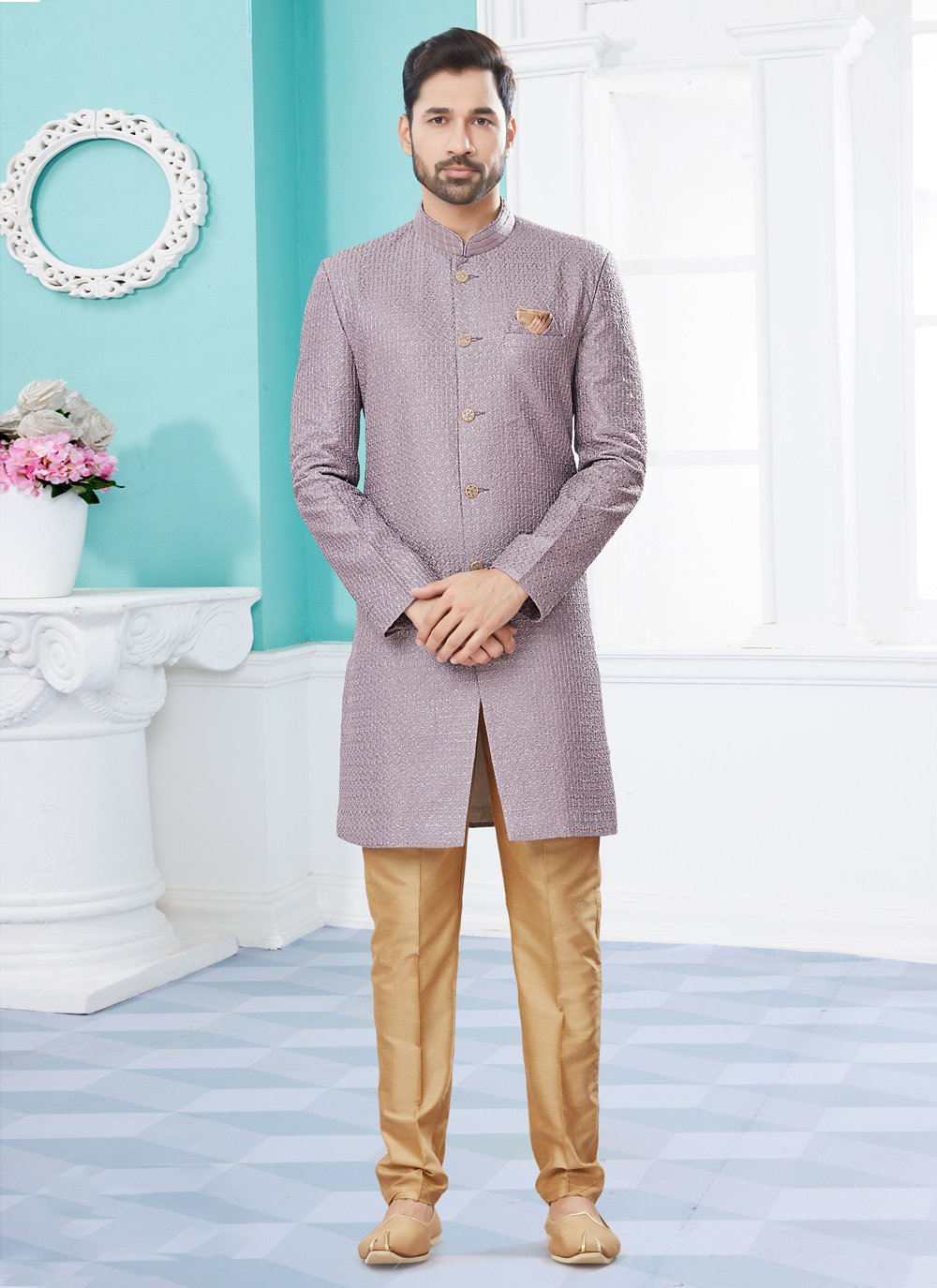 Indo Western Sherwani Jacquard Lavender Machine Embroidery Mens