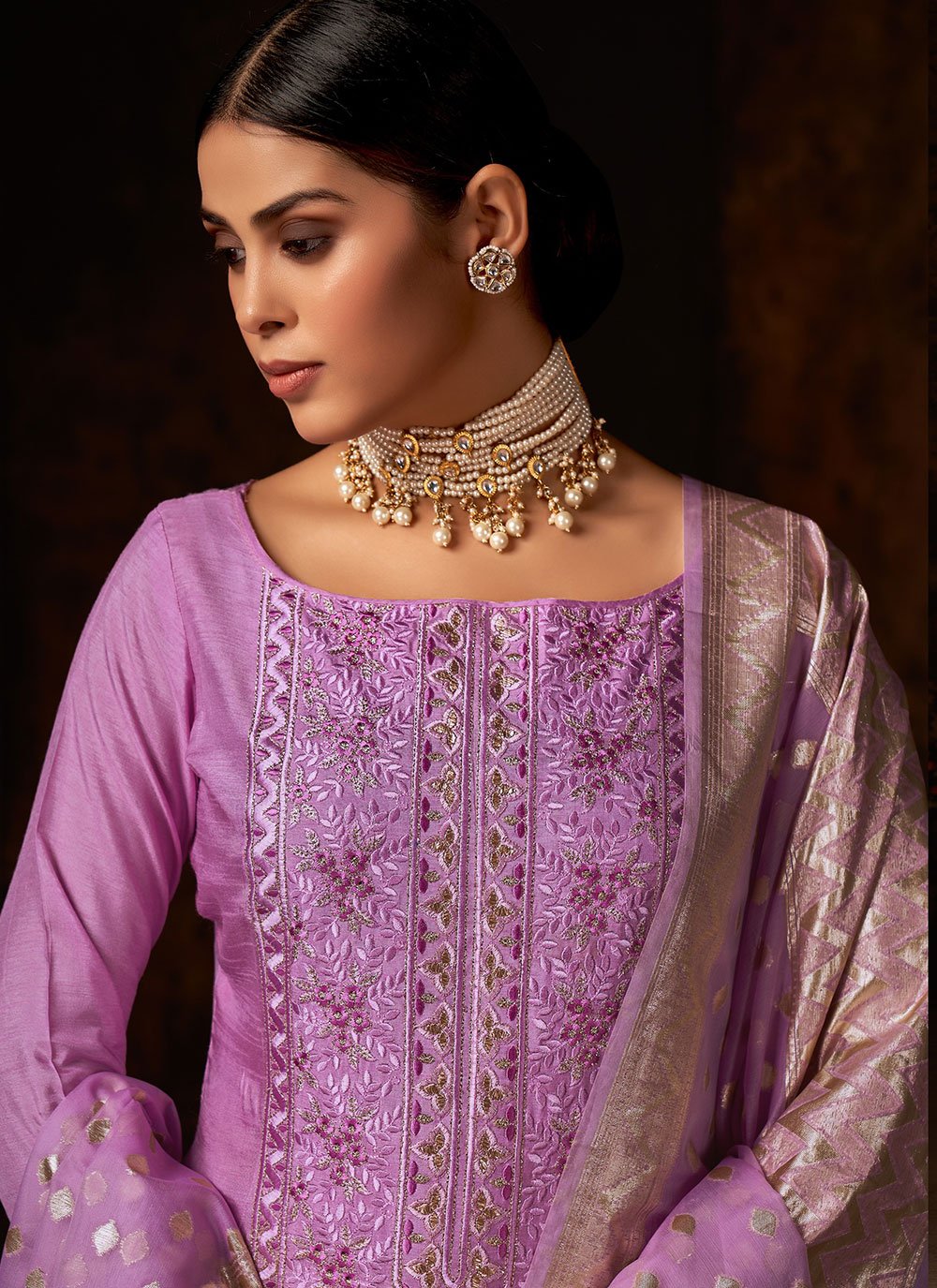 Pant Style Suit Silk Lavender Embroidered Salwar Kameez