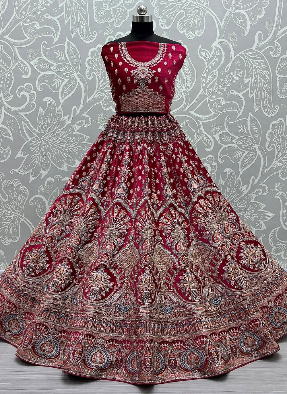 Lehenga Choli Velvet Rani Embroidered Lehenga Choli