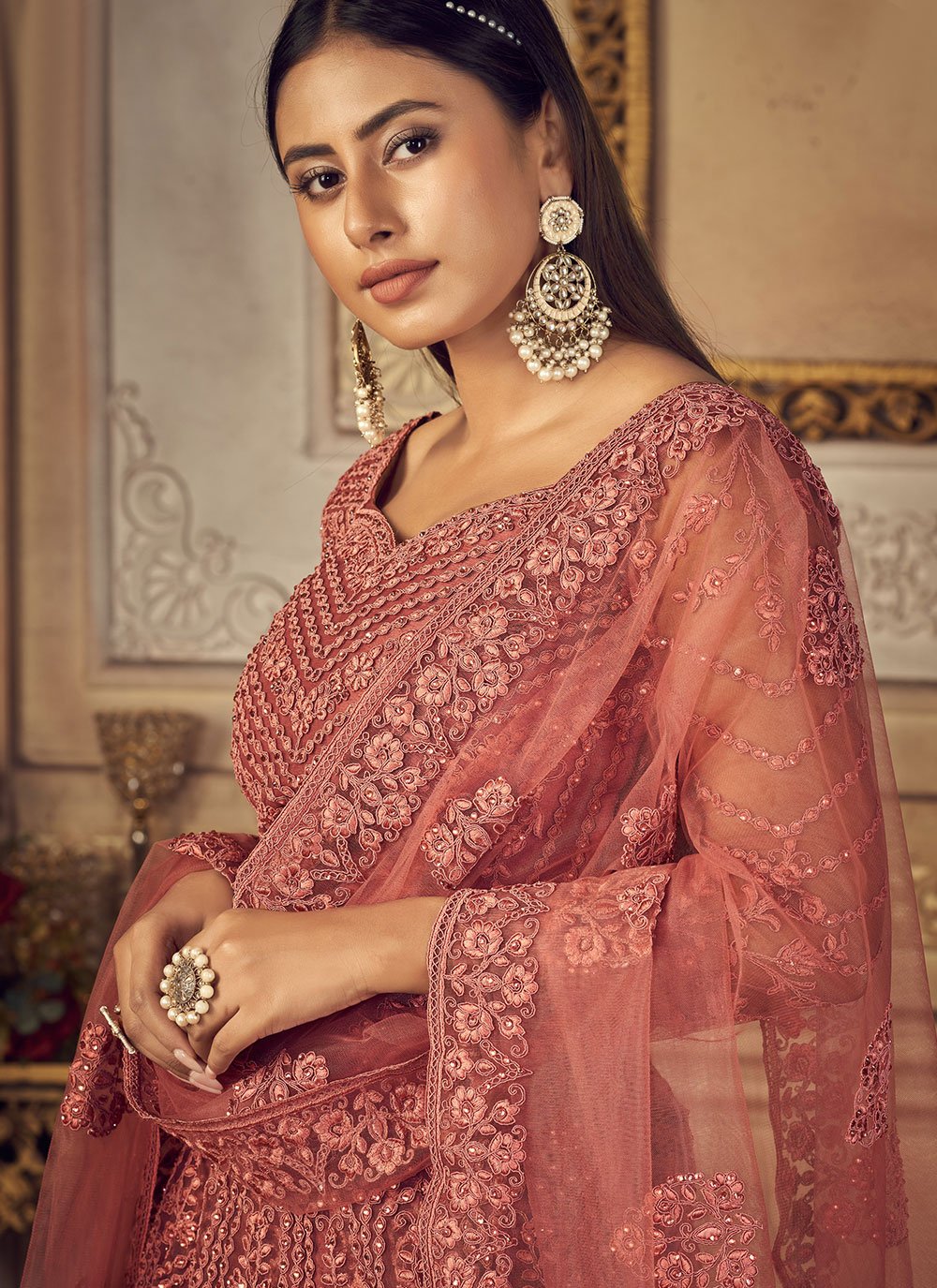Lehenga Choli Net Pink Embroidered Lehenga Choli