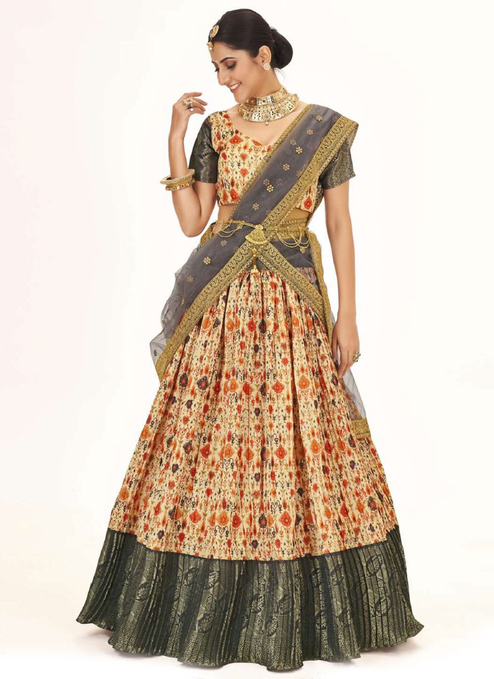 Lehenga Choli Silk Beige Digital Print Lehenga Choli