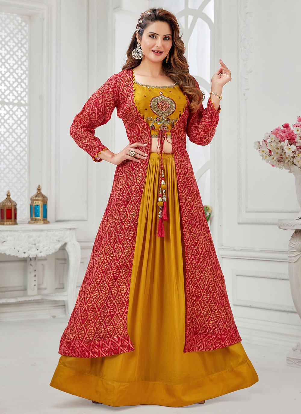 Lehenga Choli Silk Mustard Red Embroidered Lehenga Choli