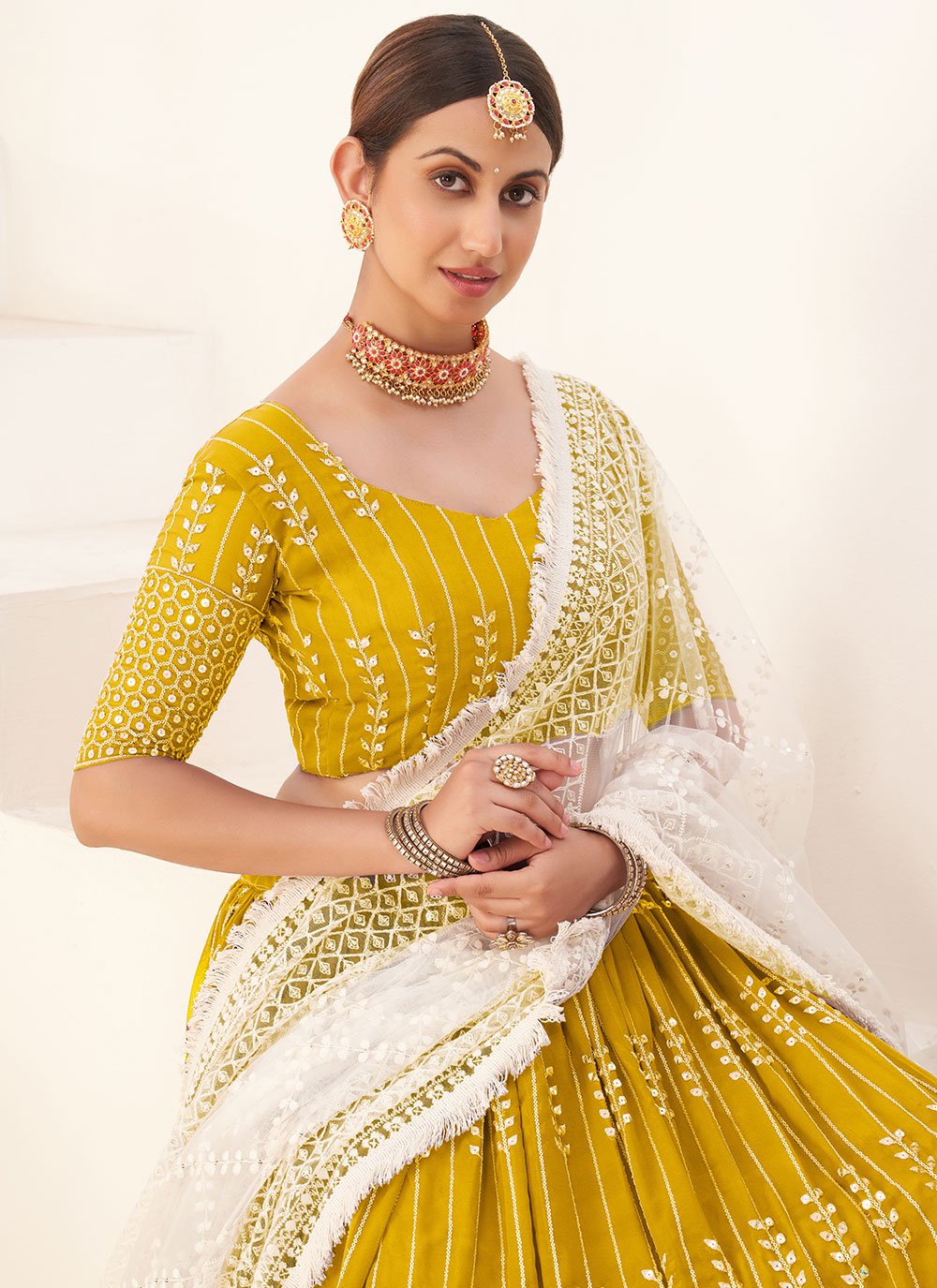 Lehenga Choli Georgette Mustard Embroidered Lehenga Choli