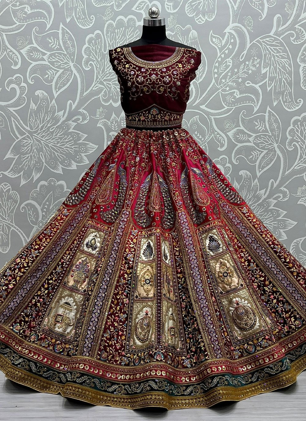 Lehenga Choli Velvet Wine Embroidered Lehenga Choli
