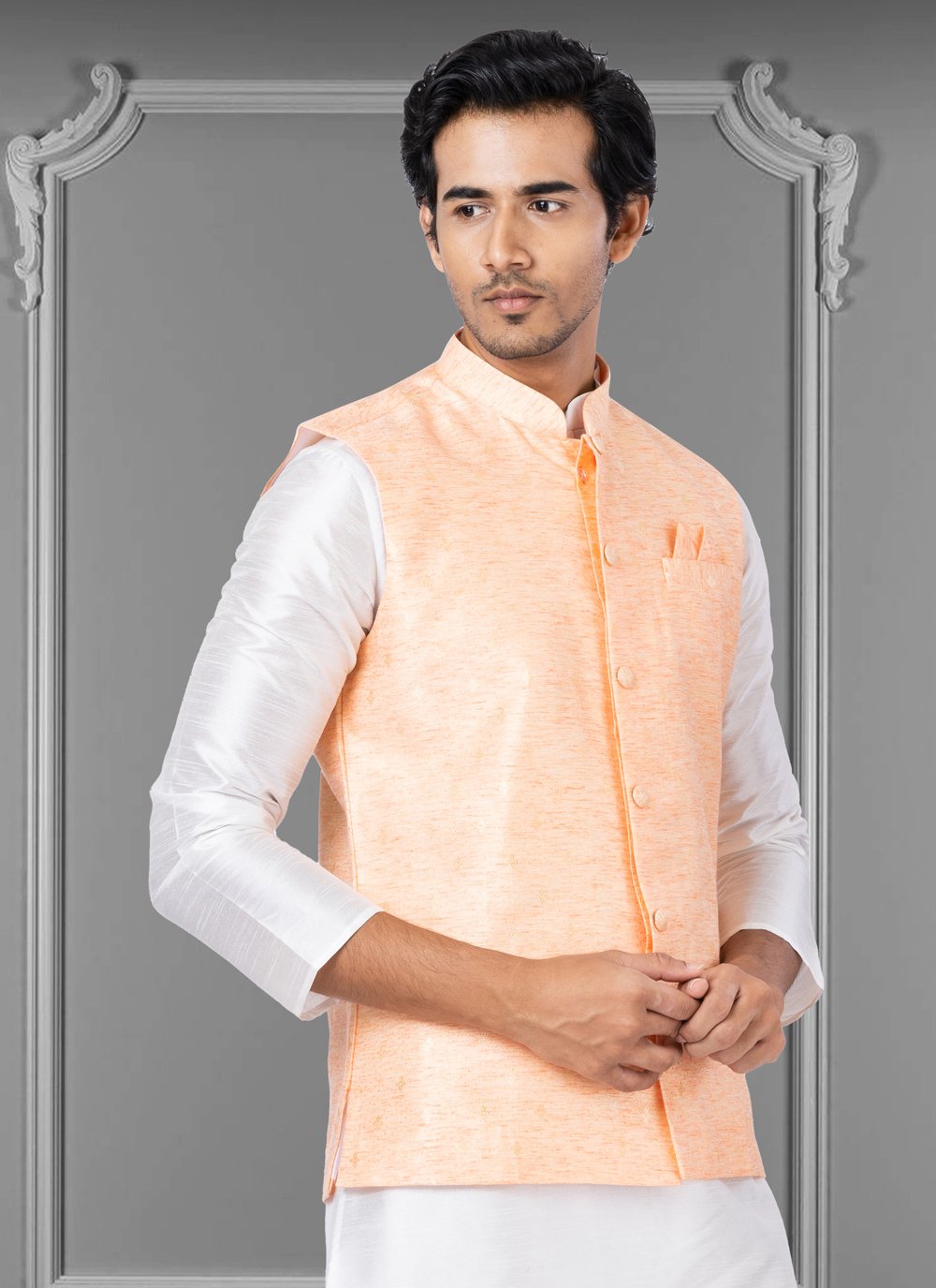 Nehru Jackets Linen Silk Peach Embroidered Mens