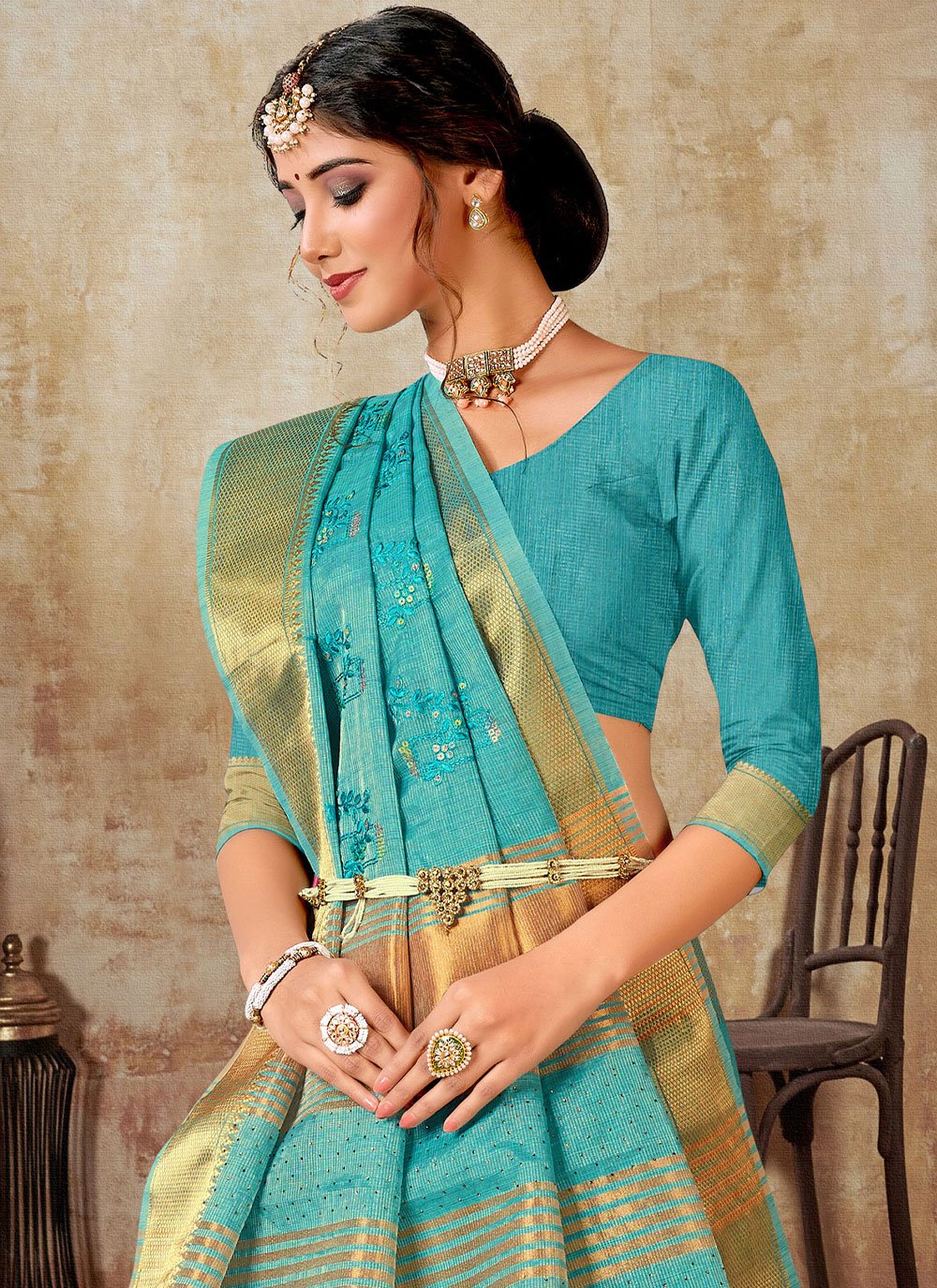 Trendy Saree Linen Tissue Firozi Embroidered Saree