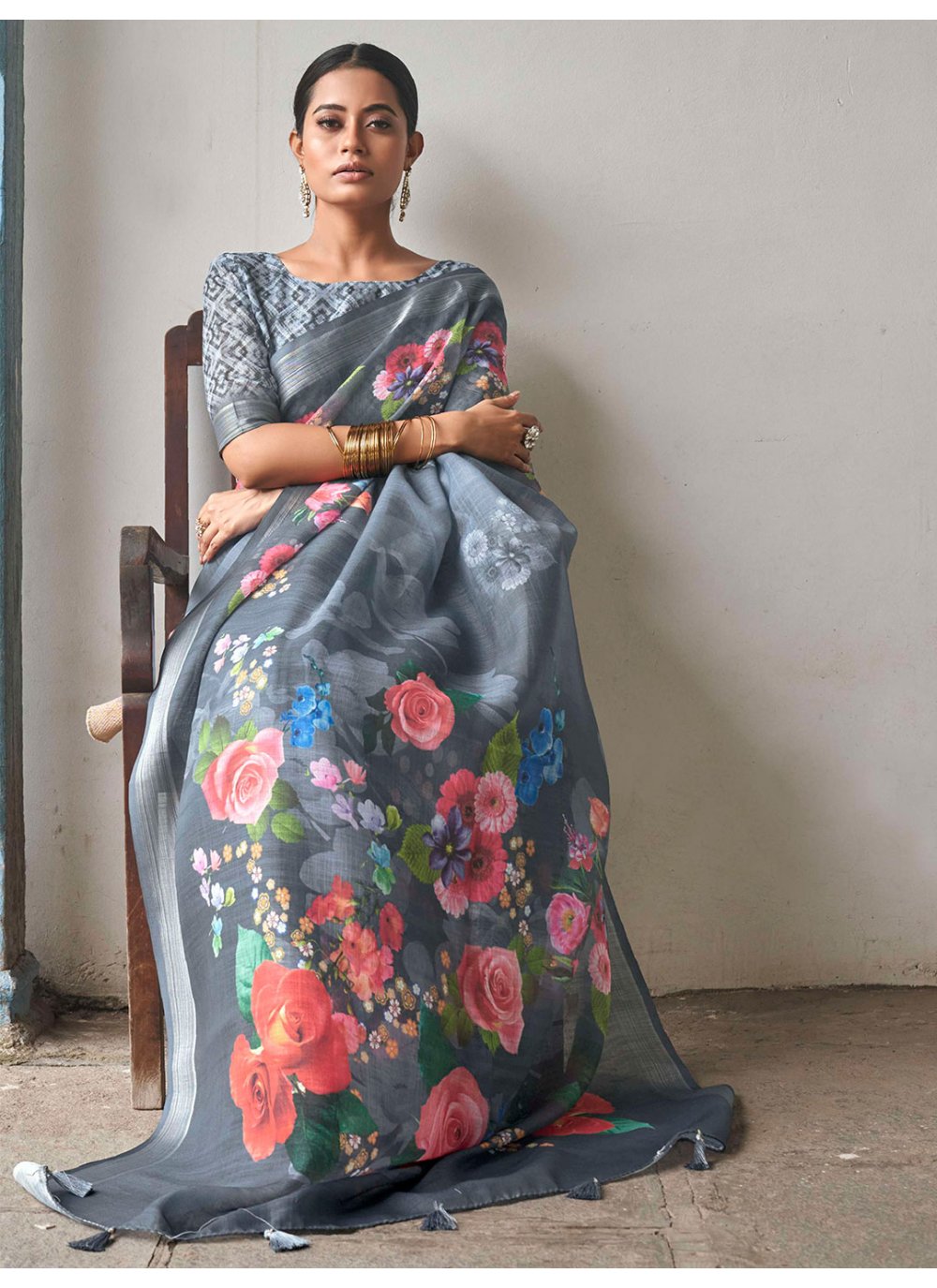 Designer Linen Grey Print Saree