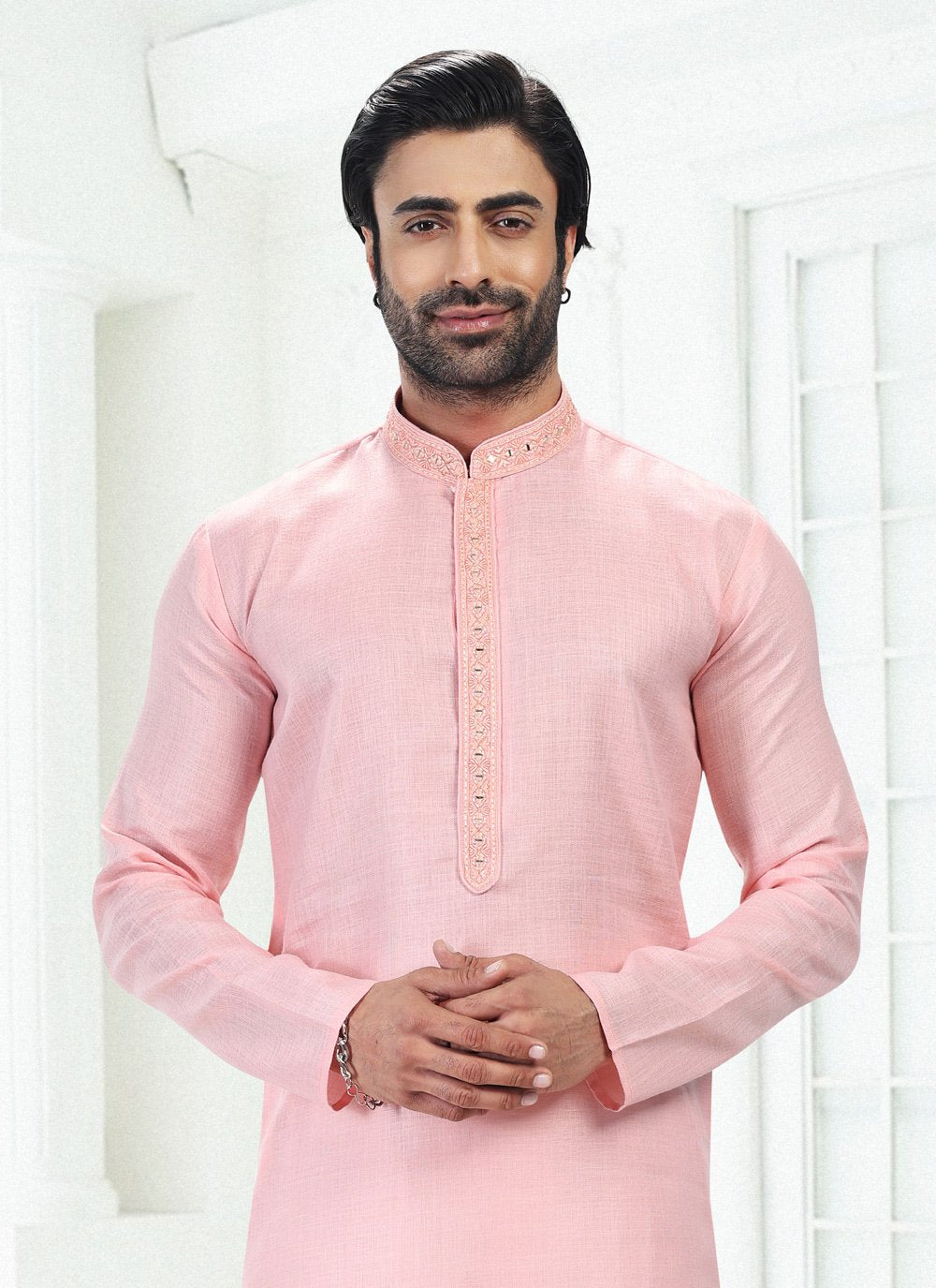 Kurta Pyjama Cotton Linen Pink Thread Mens