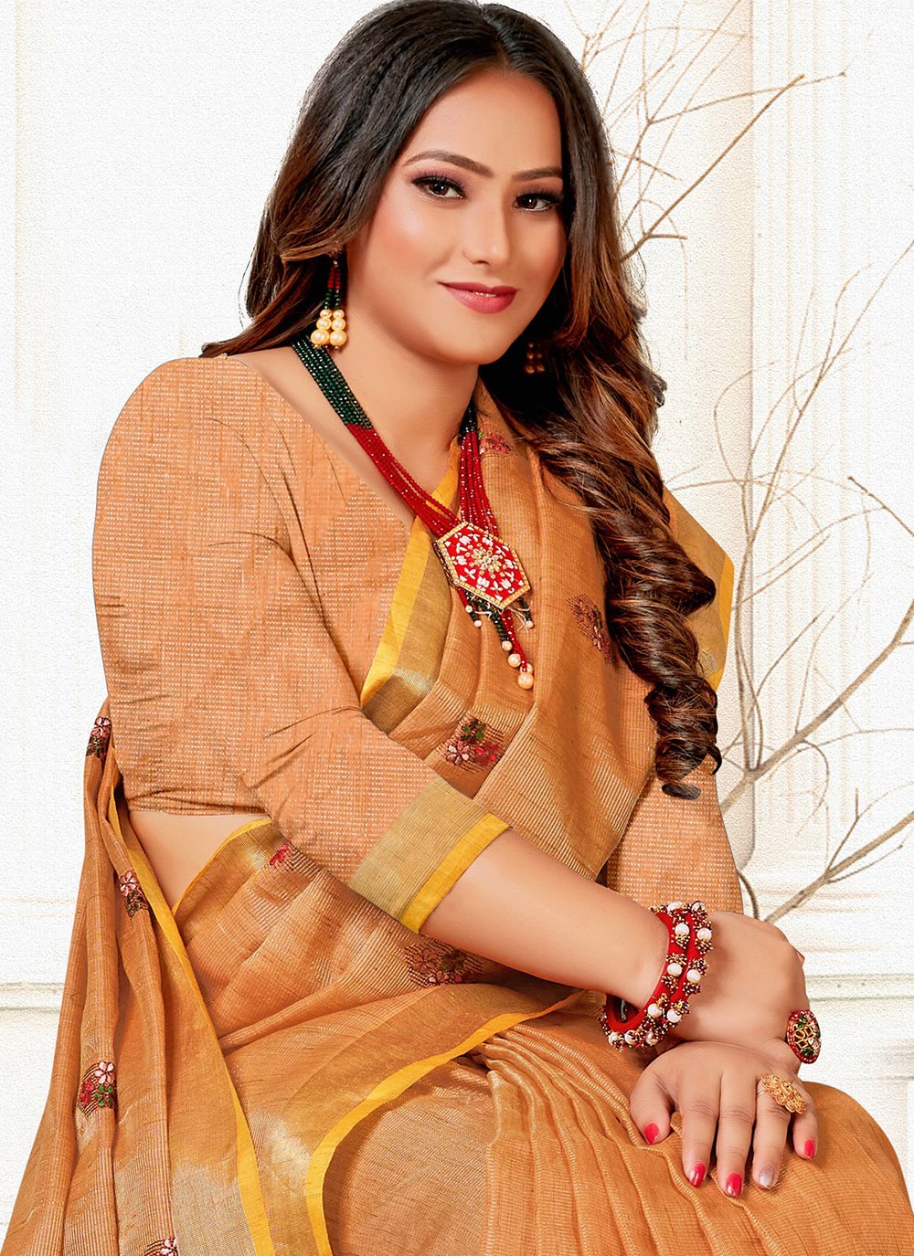 Classic Linen Tissue Orange Embroidered Saree