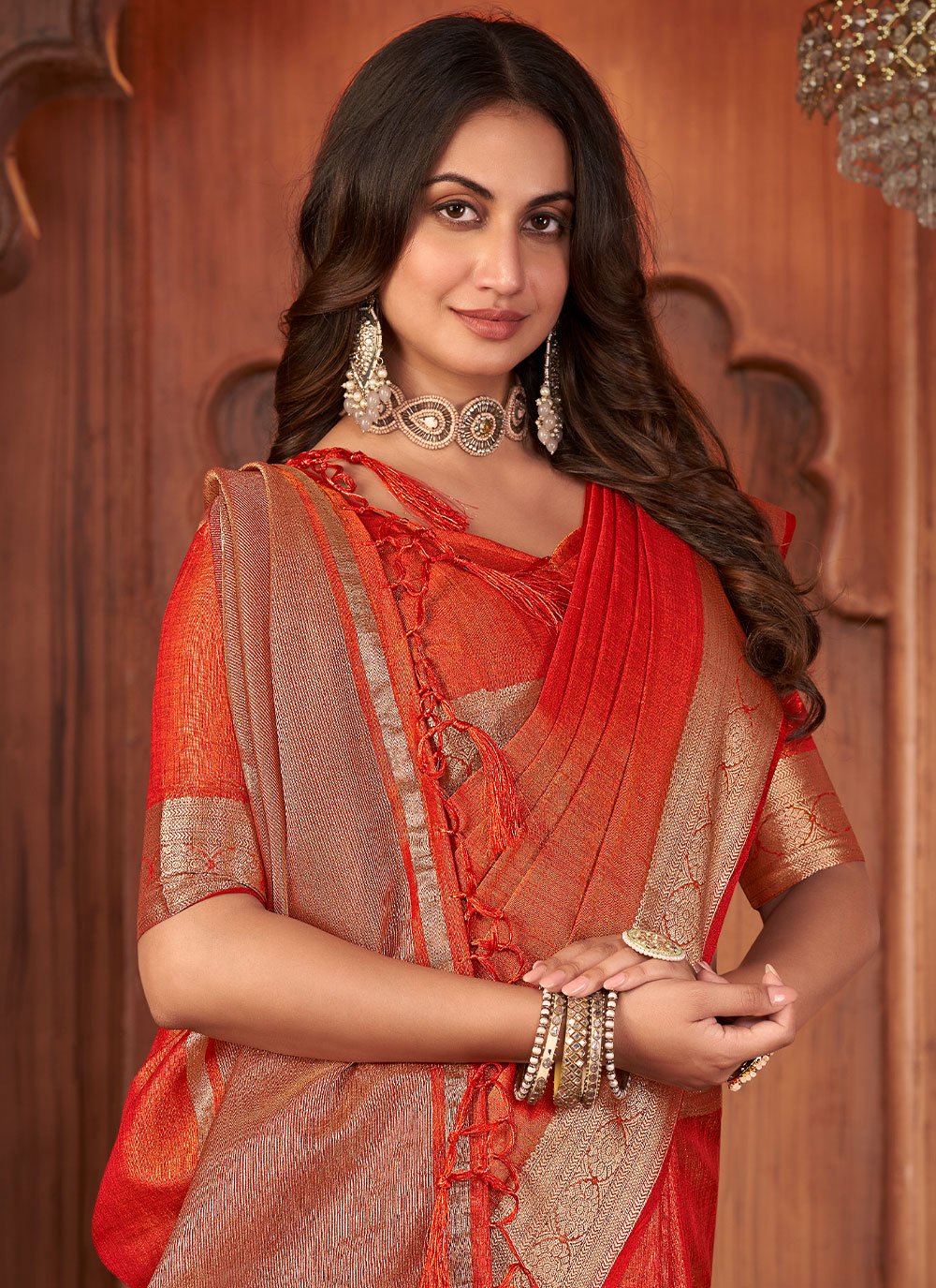 Trendy Saree Khadi Silk Linen Orange Woven Saree