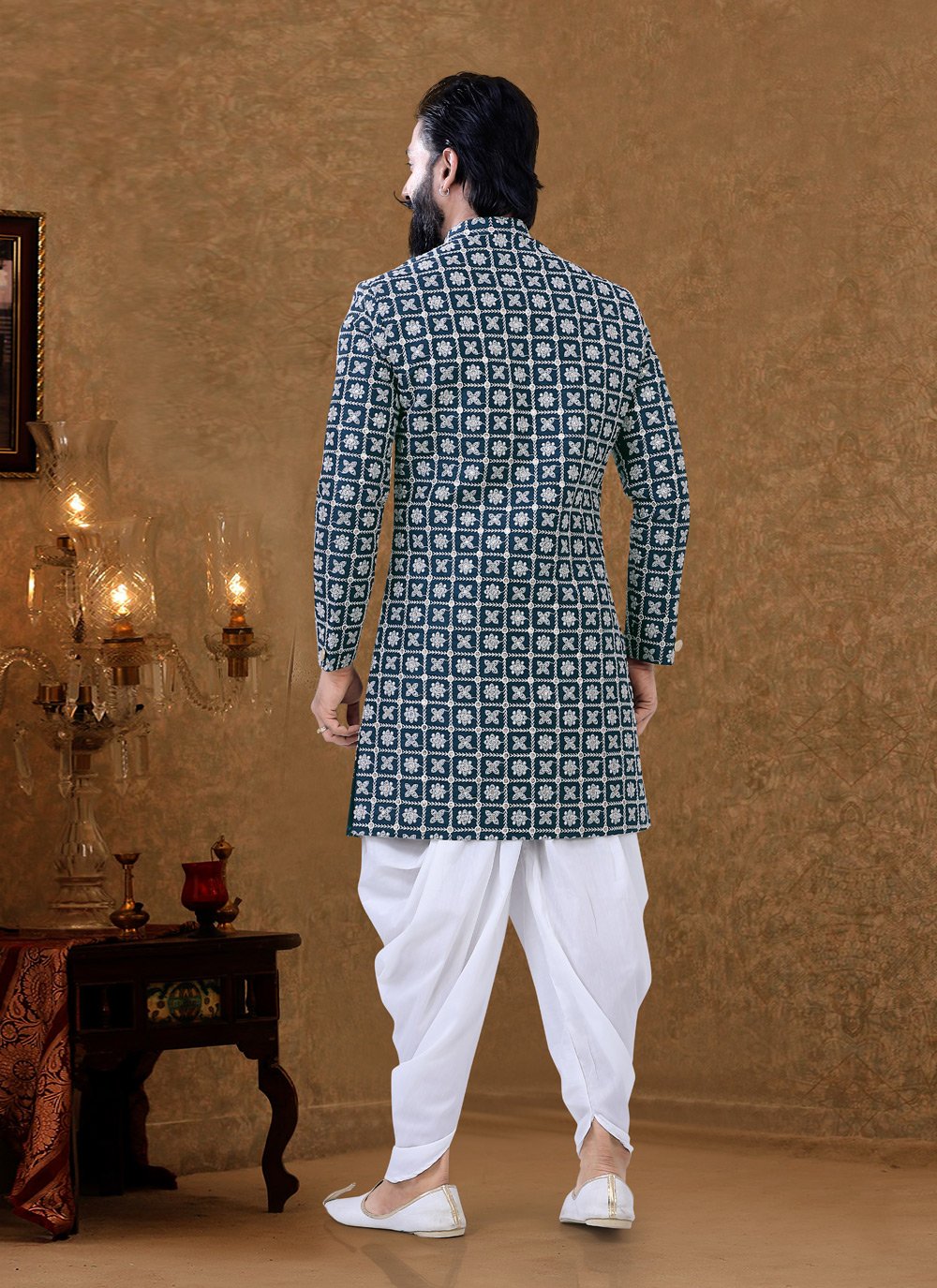 Dhoti Kurta Lucknowi Green Fancy Work Mens