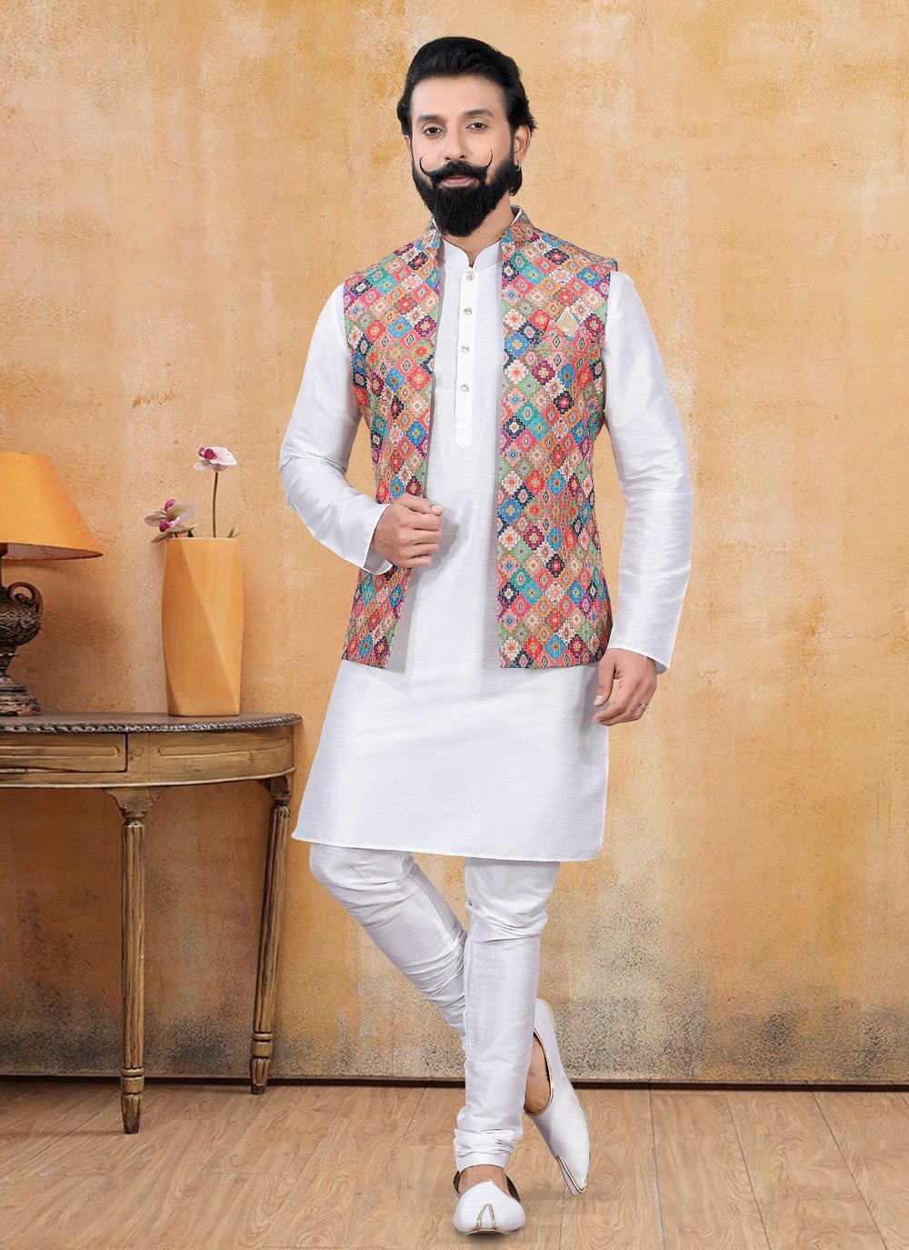 Nehru Jackets Lucknowi Multi Colour Print Mens