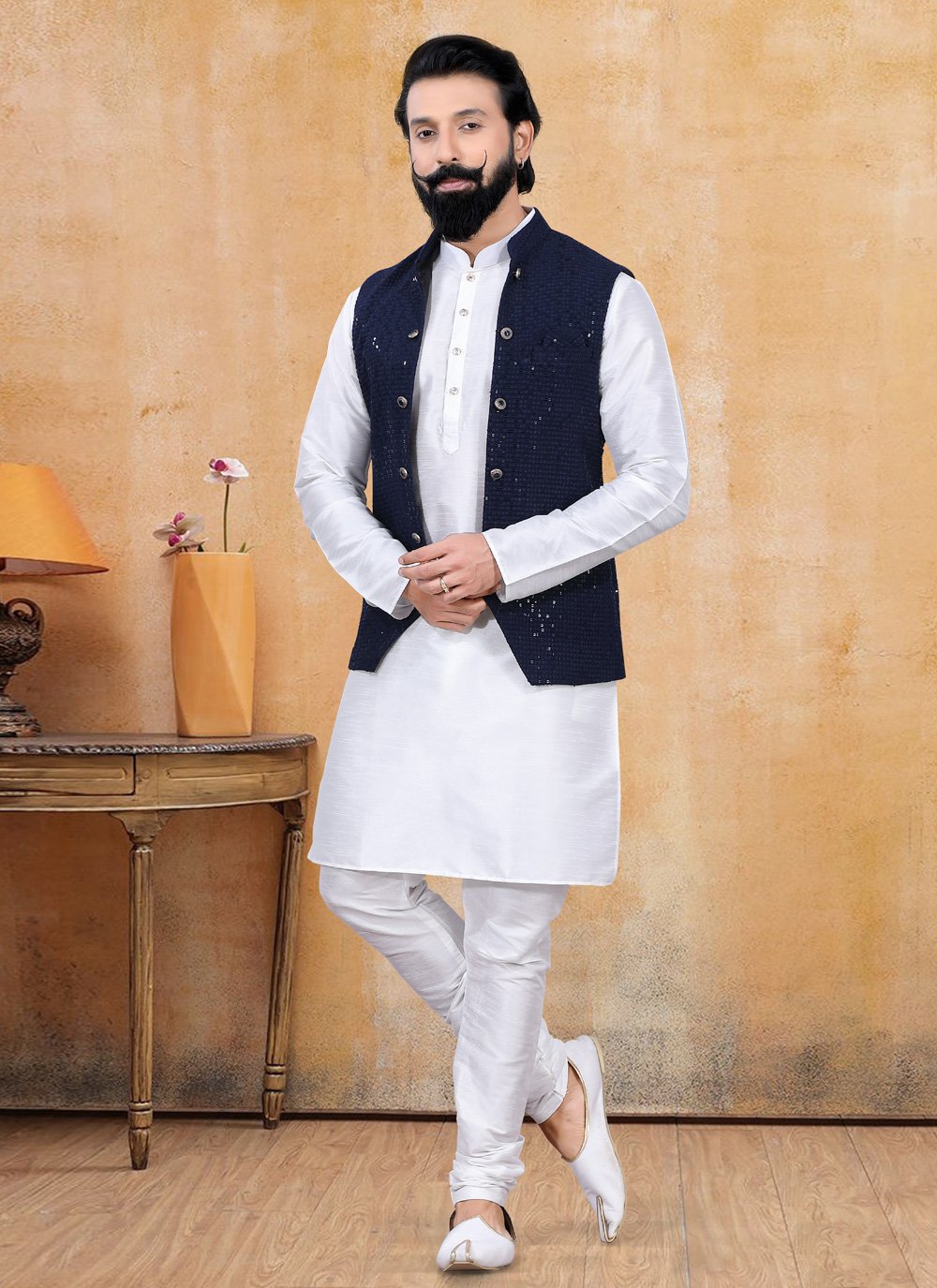 Nehru Jackets Lucknowi Black Fancy Work Mens