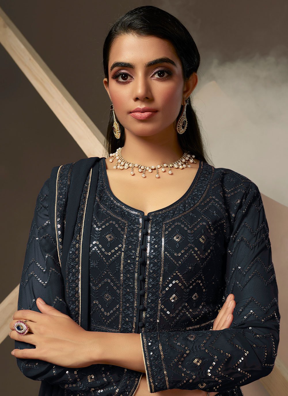 Designer Gown Georgette Blue Lucknowi Work Gown