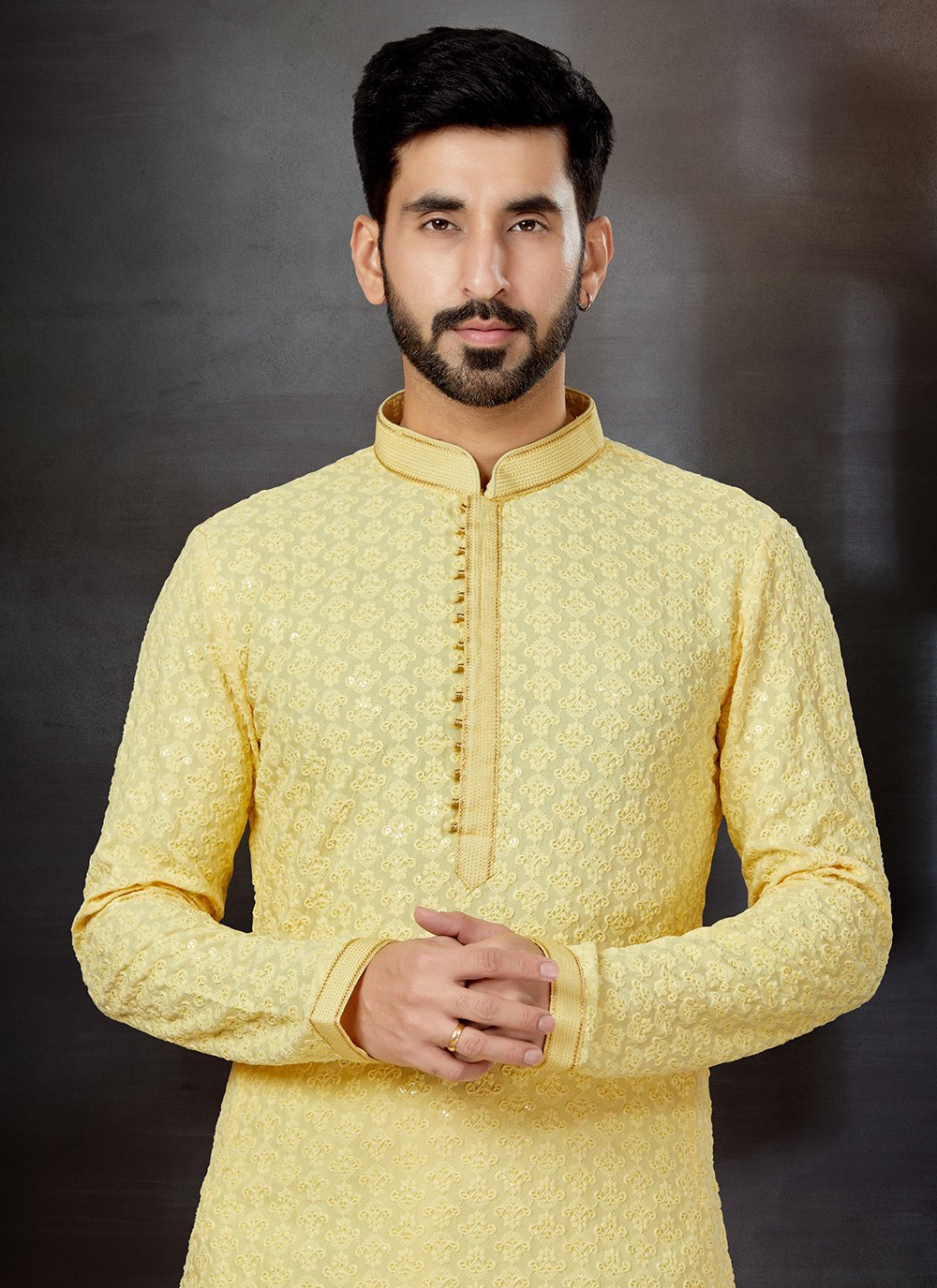 Dhoti Kurta Rayon Yellow Lucknowi Work Mens